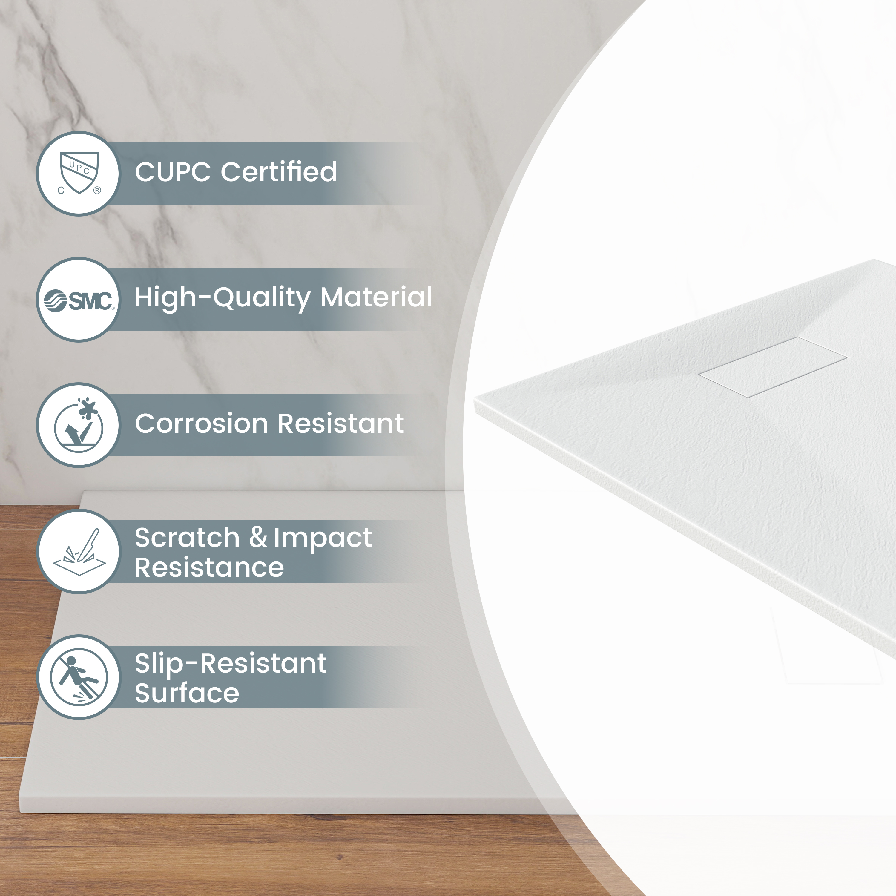 European-Style SMC Shower Base with Sleek Marble Texture in Black & White