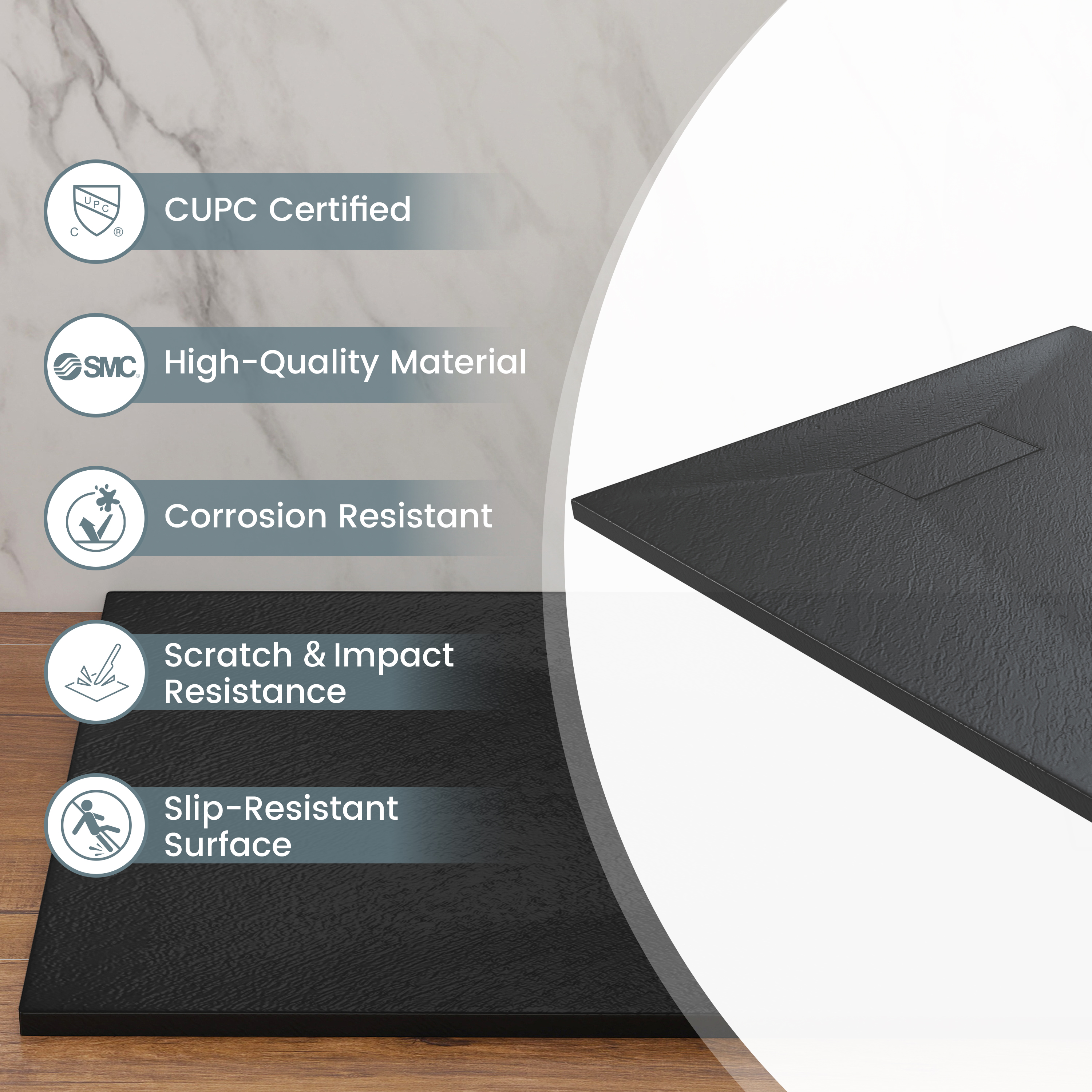 European-Style SMC Shower Base with Sleek Marble Texture in Black & White