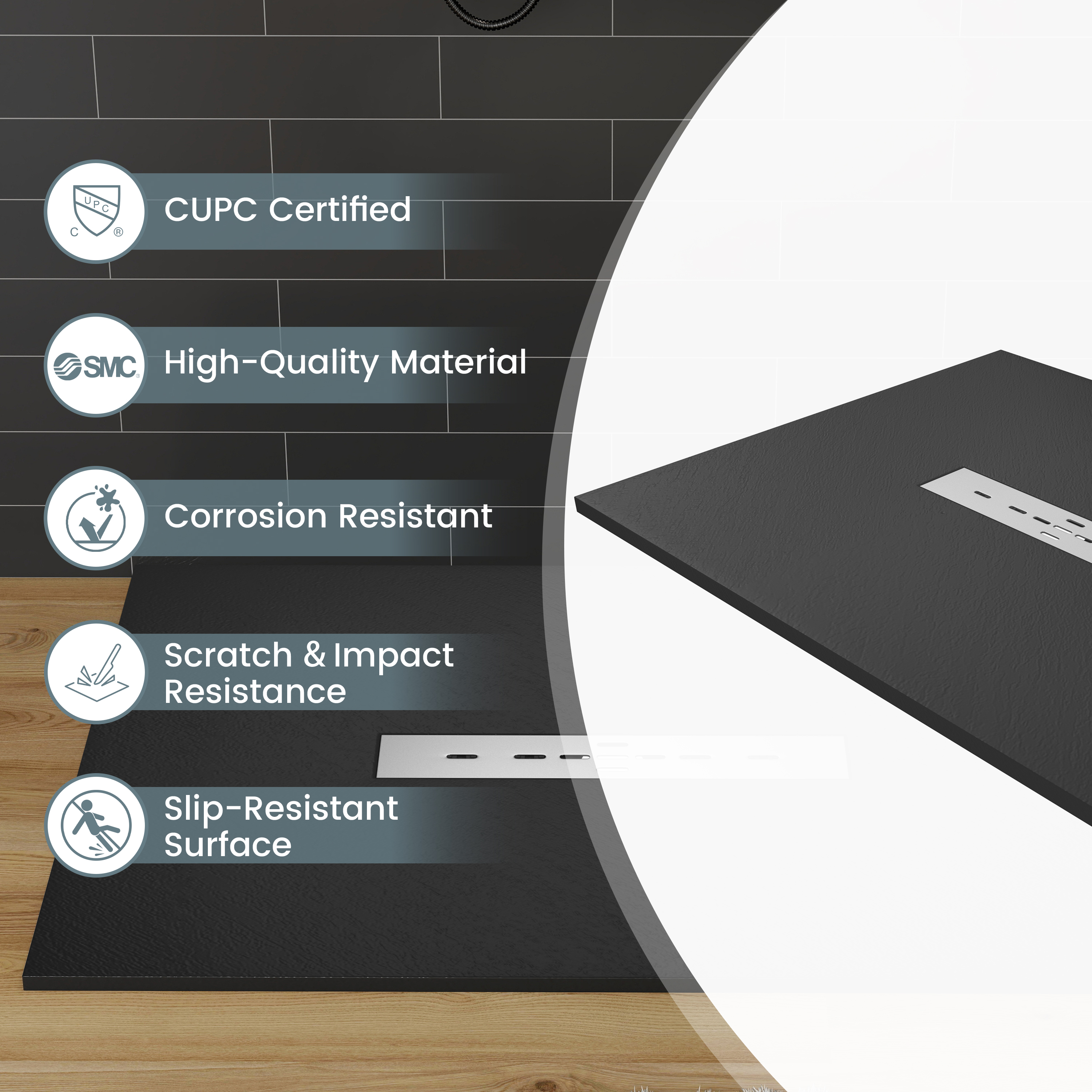 Durable SMC Composite Shower Base Pan with Center Drain in Black & White