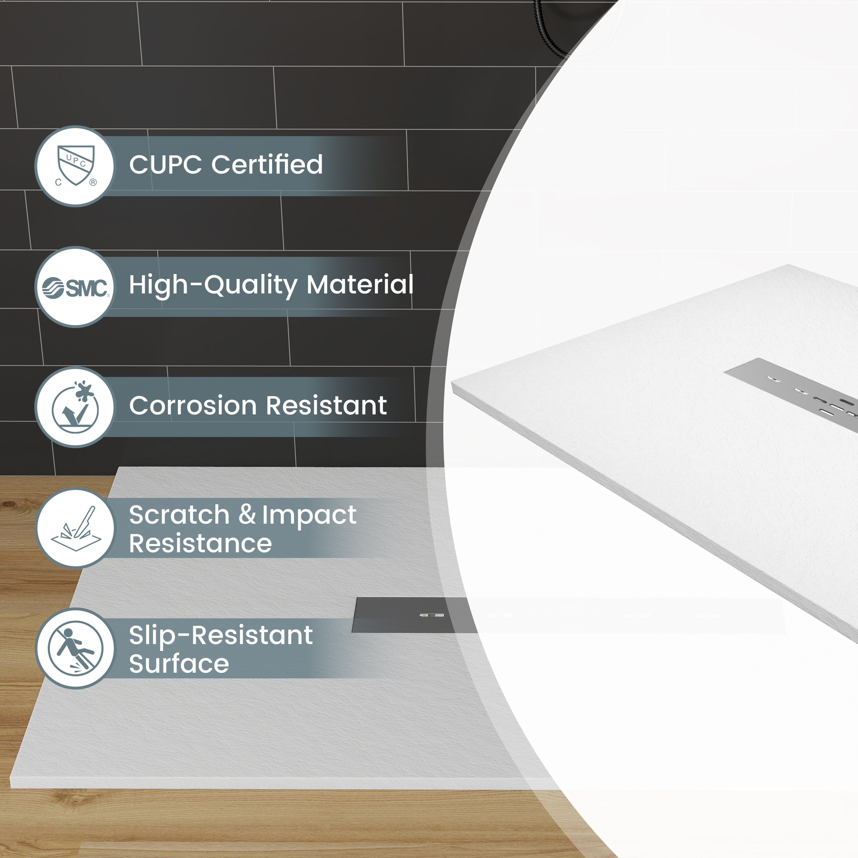 Durable SMC Composite Shower Base Pan with Center Drain in Black & White