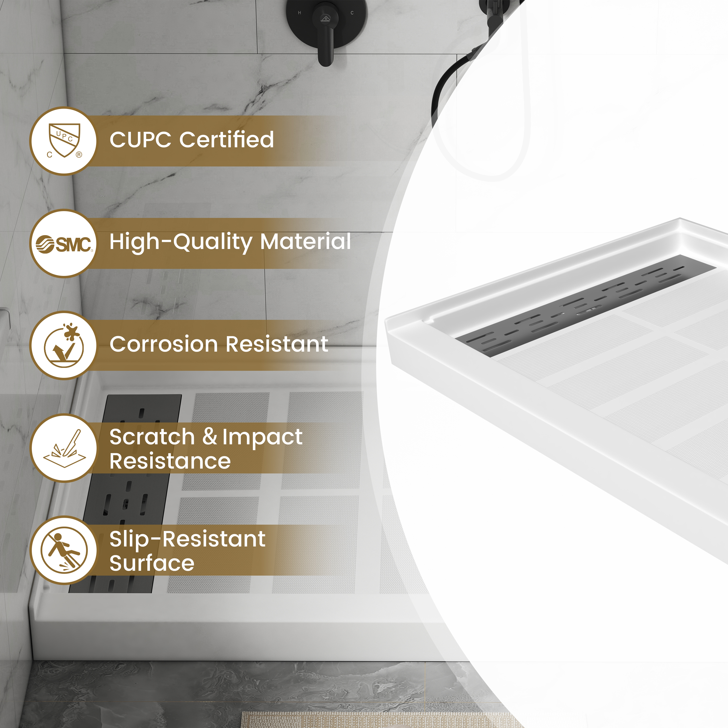 48"x32" SMC Shower Base with Anti-Slip Textured Floor & Easy Install