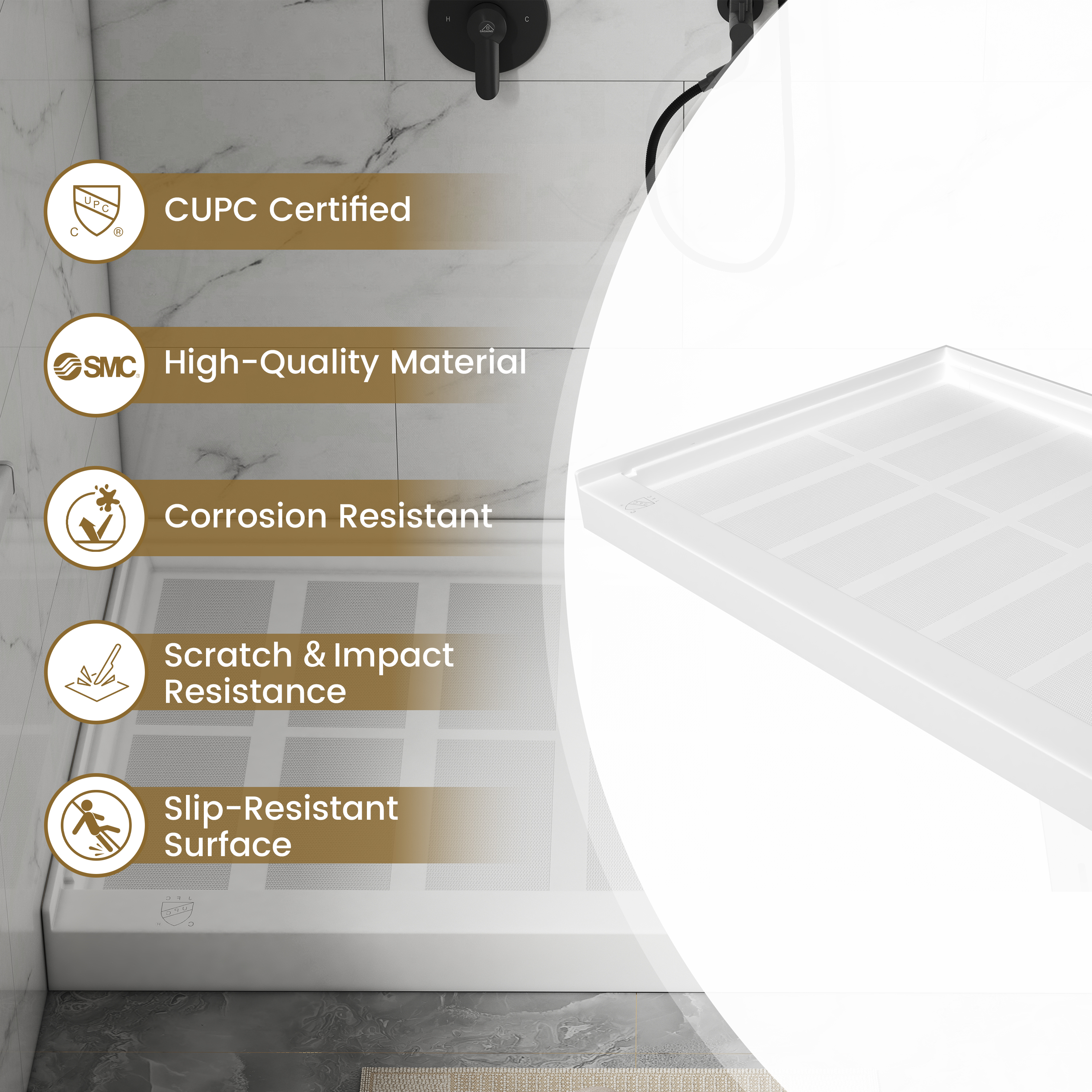 48"x32" SMC Shower Base with Anti-Slip Textured Floor & Easy Install