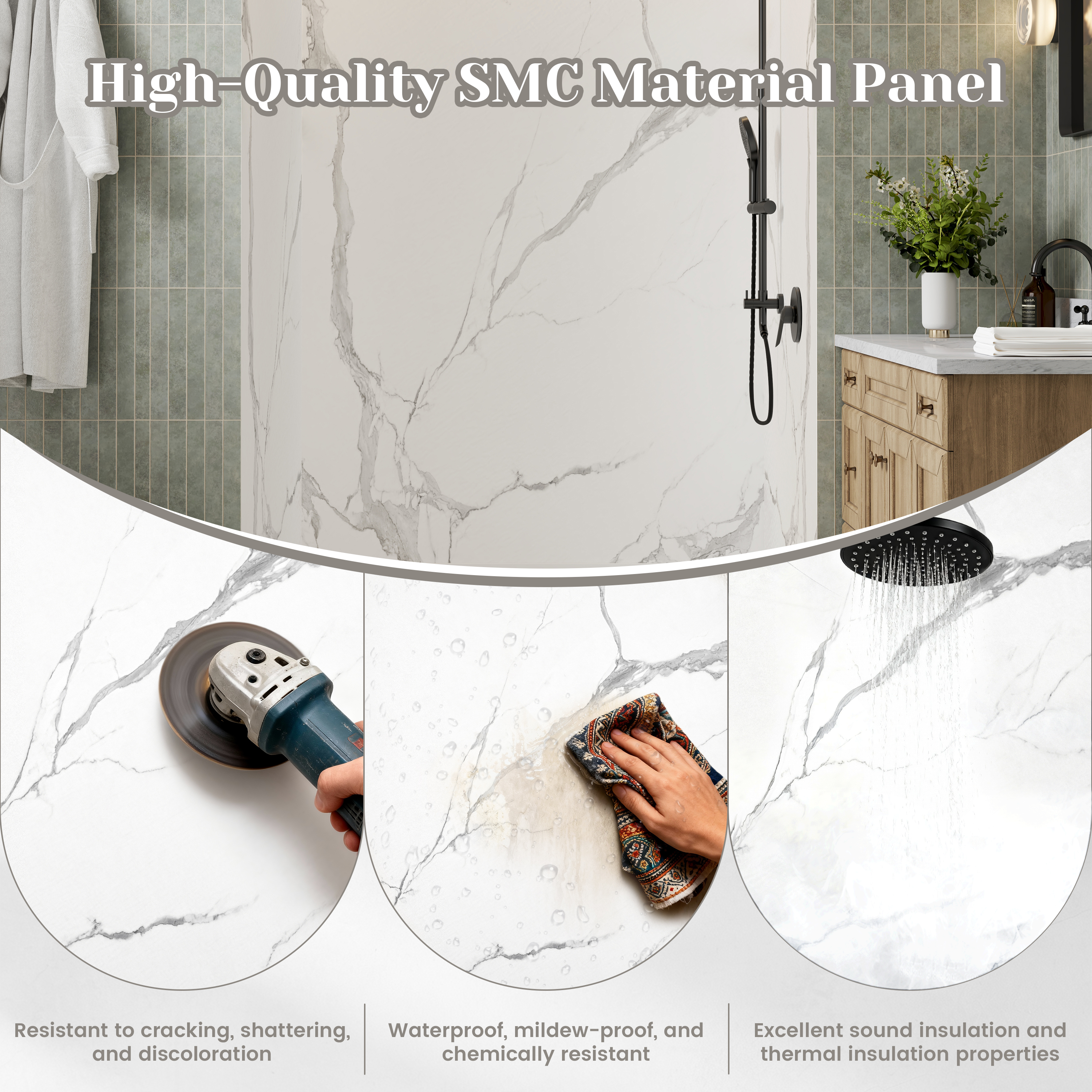 3-Piece SMC Marble Shower Wall Panels for Modern Showers
