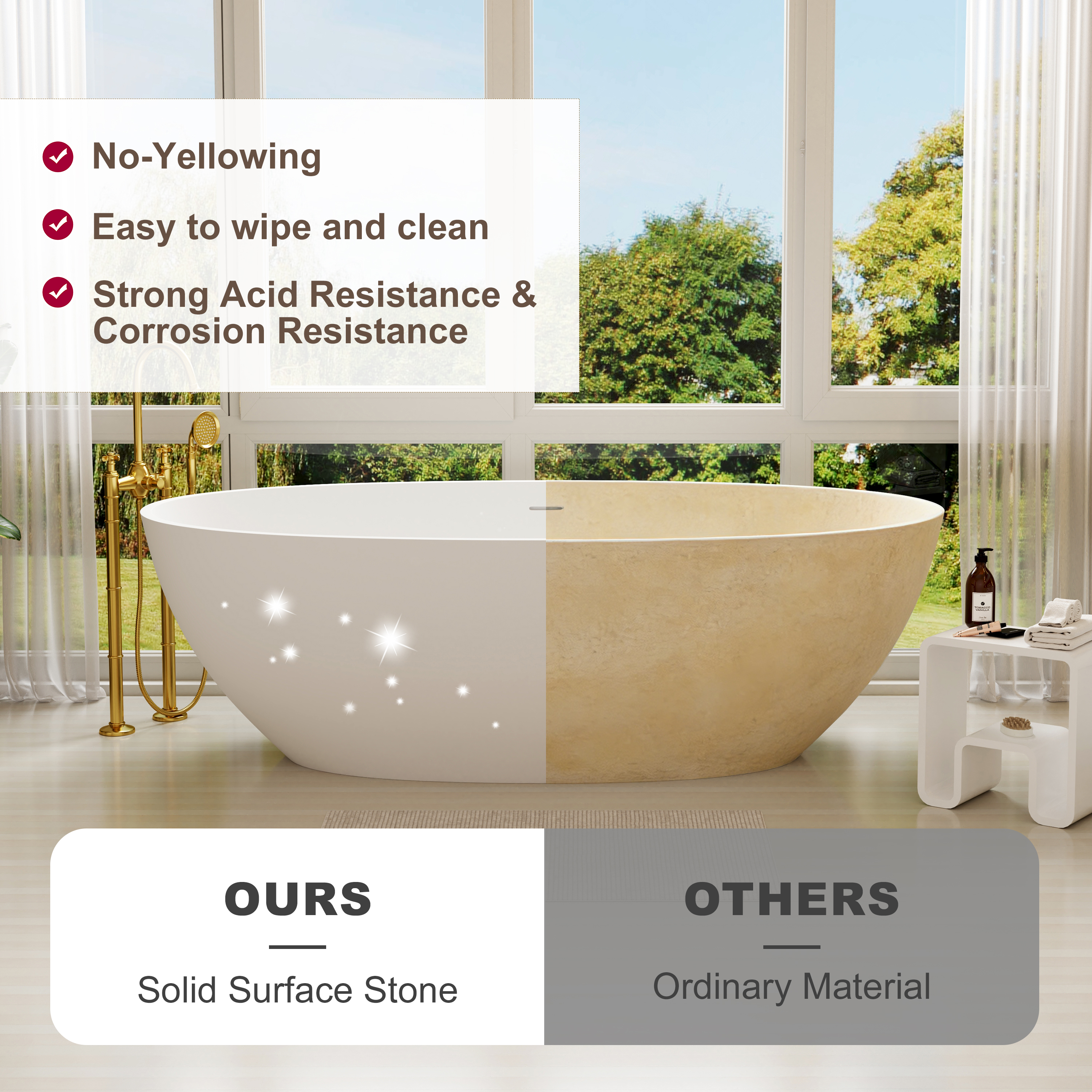 CasaSolid 55"/61"/65"/71" Solid Surface Matte White Freestanding Soaking Bath Tubs - Monaco