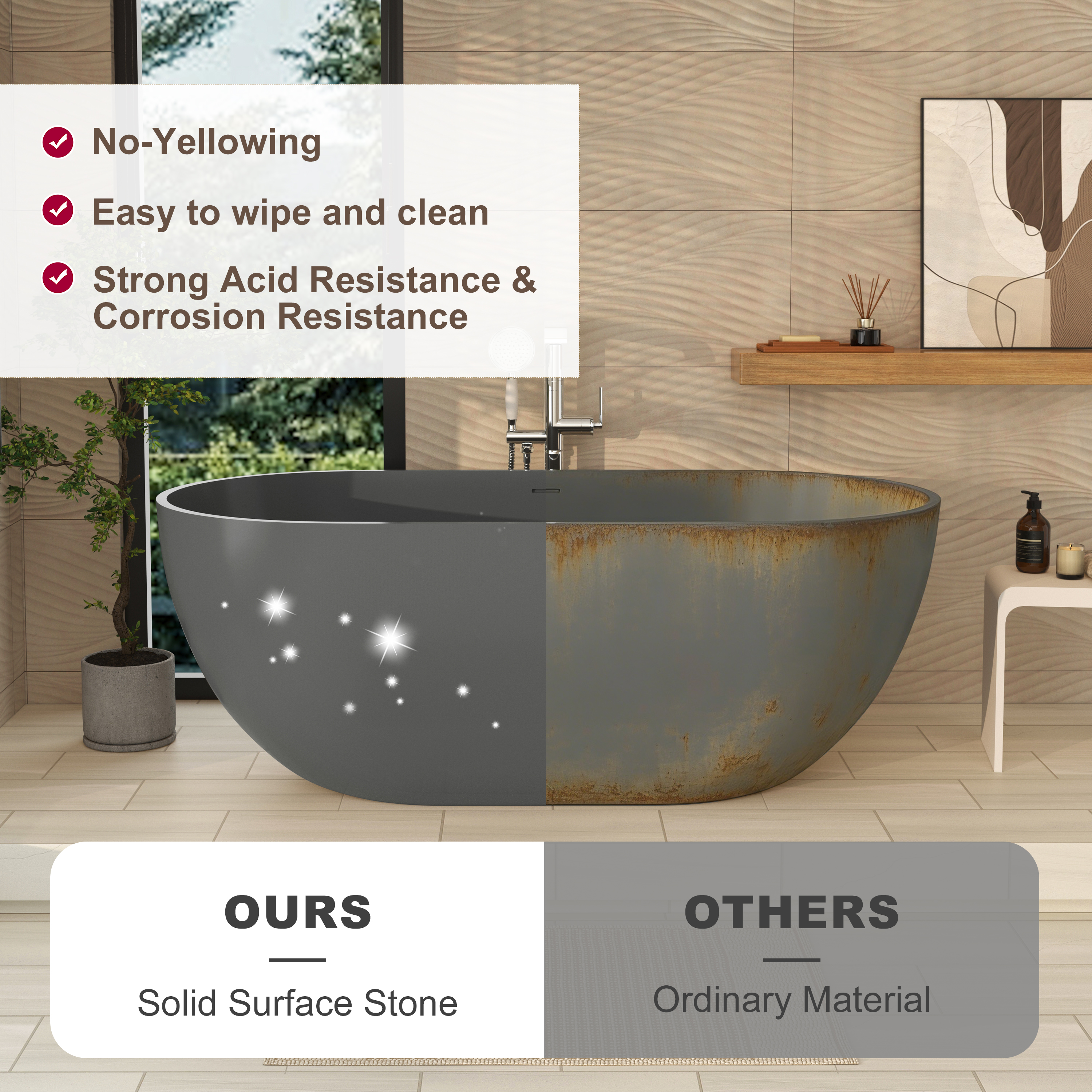 59" Dark Grey Solid Surface Freestanding Bathtub with Modern Industrial Elegance