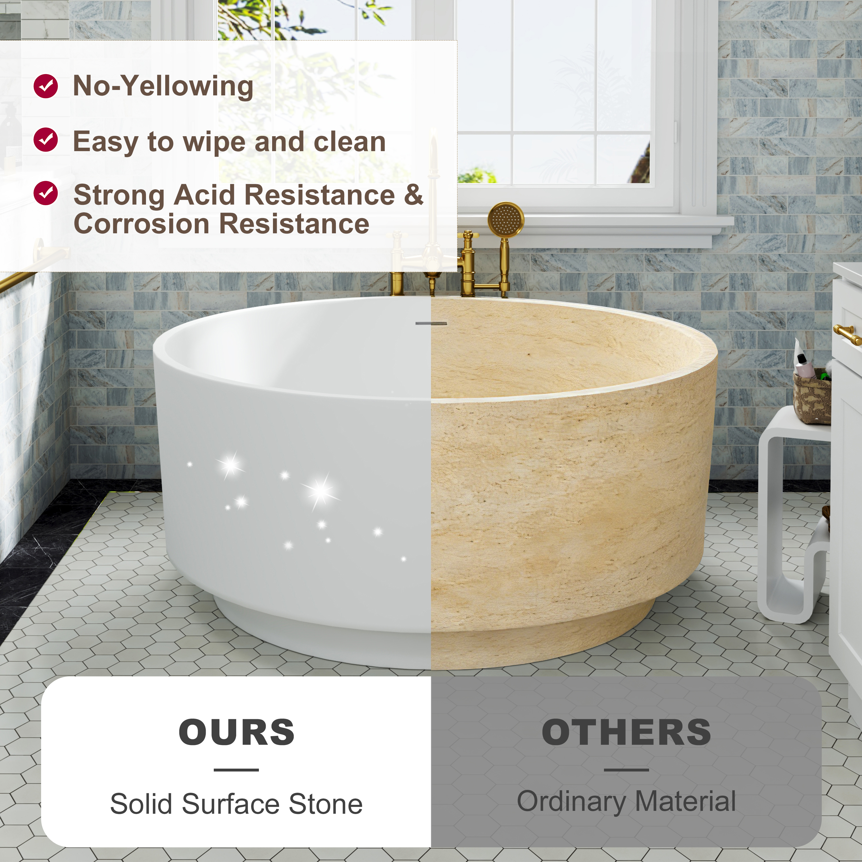 49" Scandinavian Round Solid Surface Freestanding Bathtub, Matte White