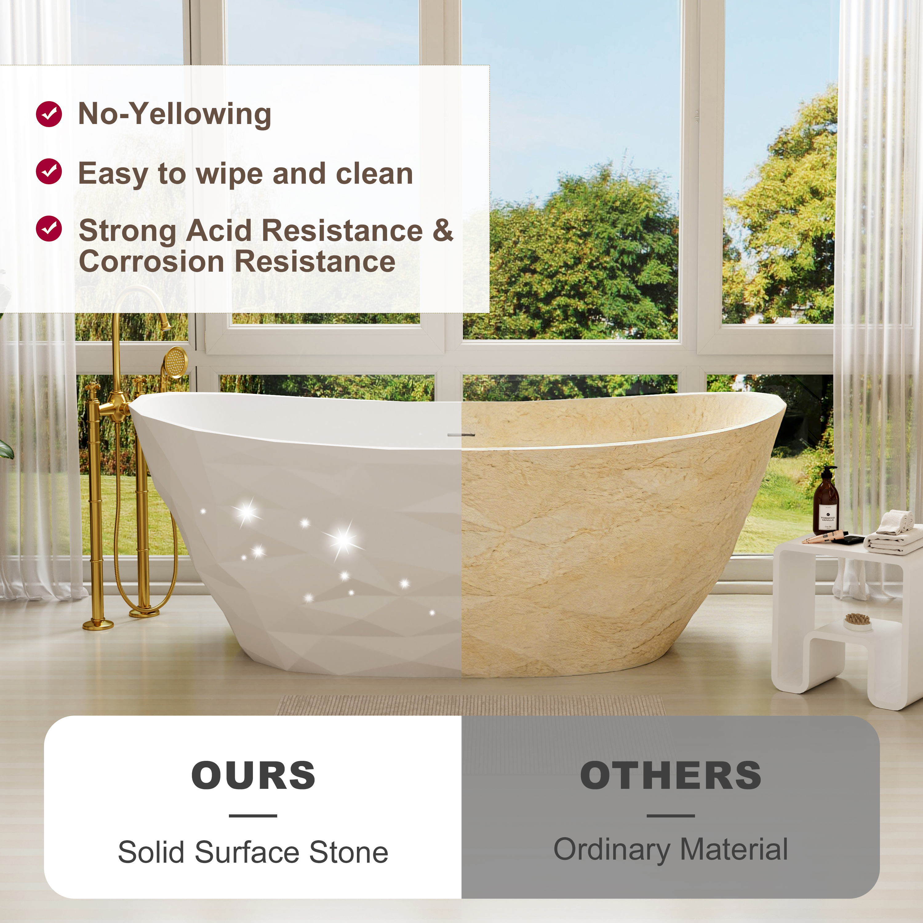 64" Matte White Faceted Solid Surface Freestanding Bathtub with Architectural Geometry