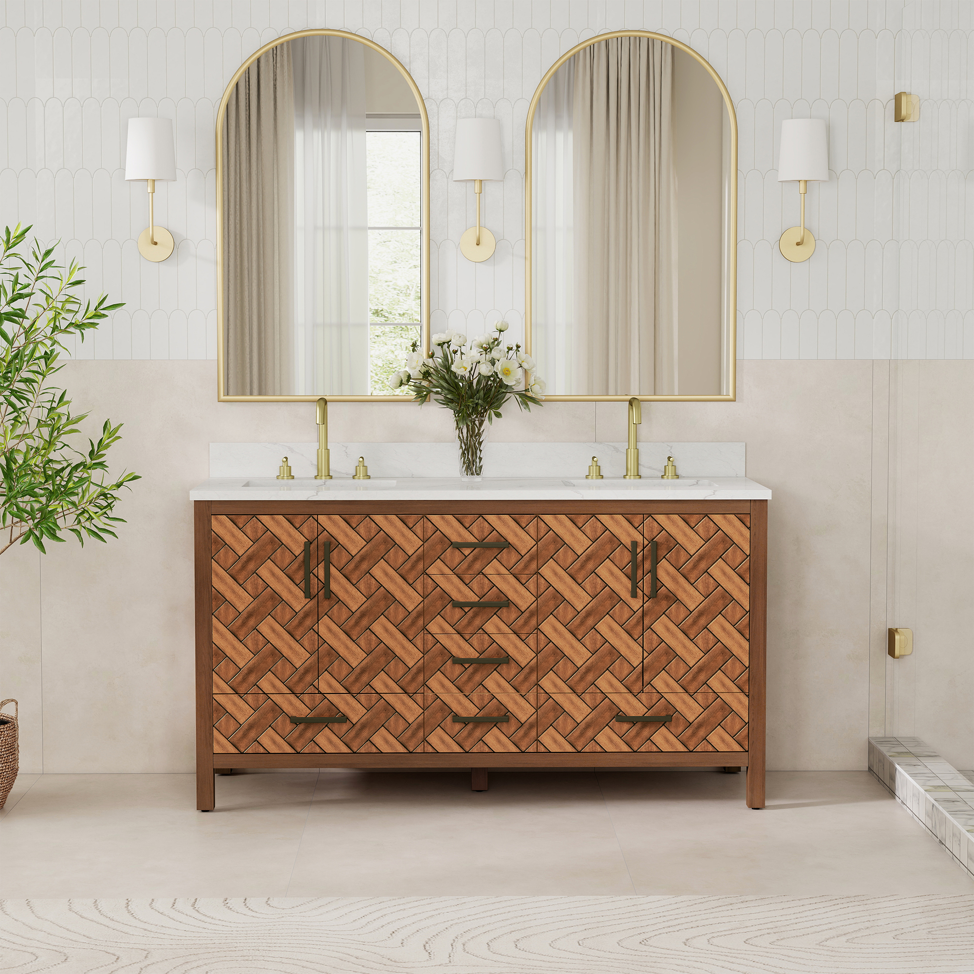 60" Double Sink Bathroom Vanity with Engineering Stone Top & 2 Basins