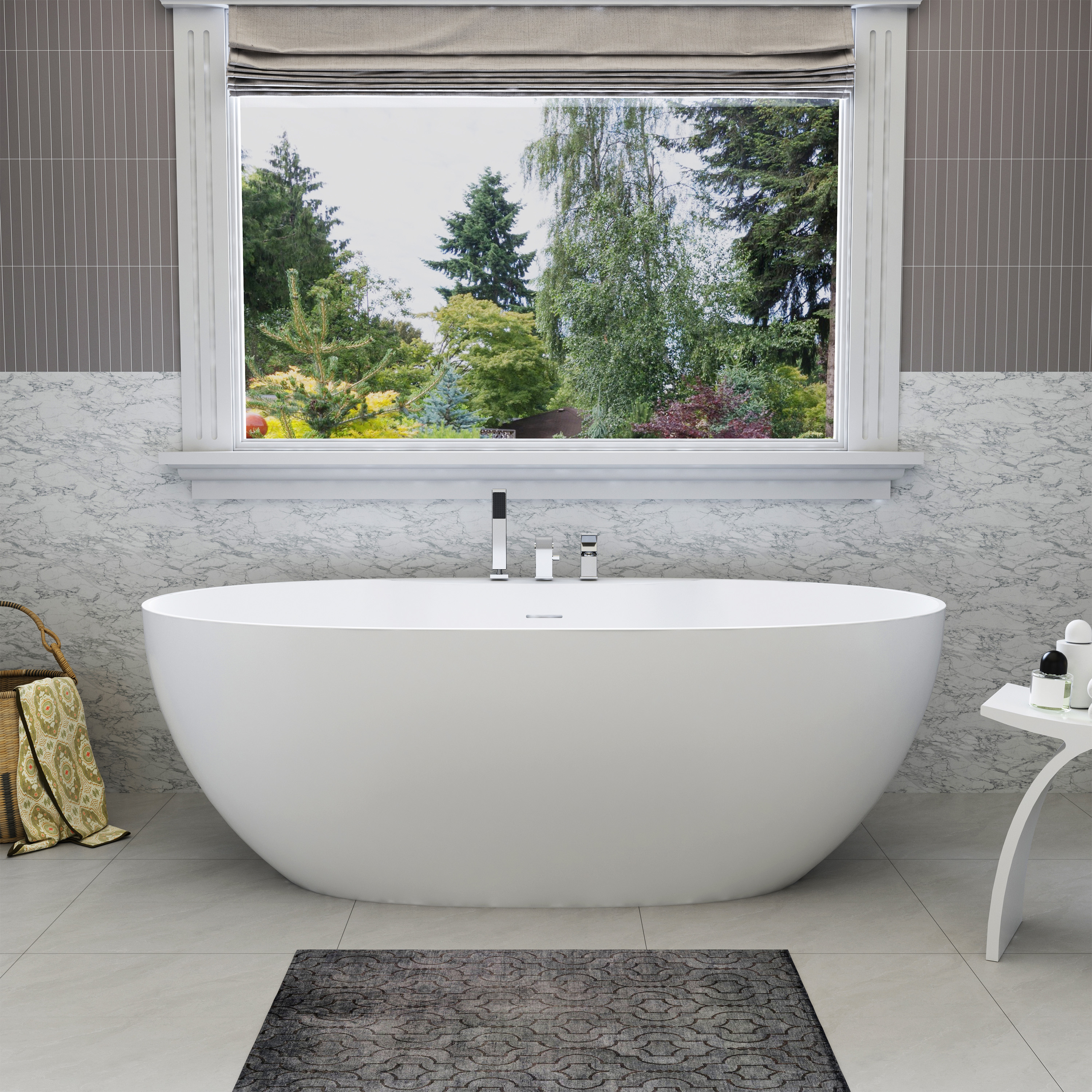 63" Matte White Solid Surface Freestanding Soaking Bathtub with Deck-Mount Faucet Set