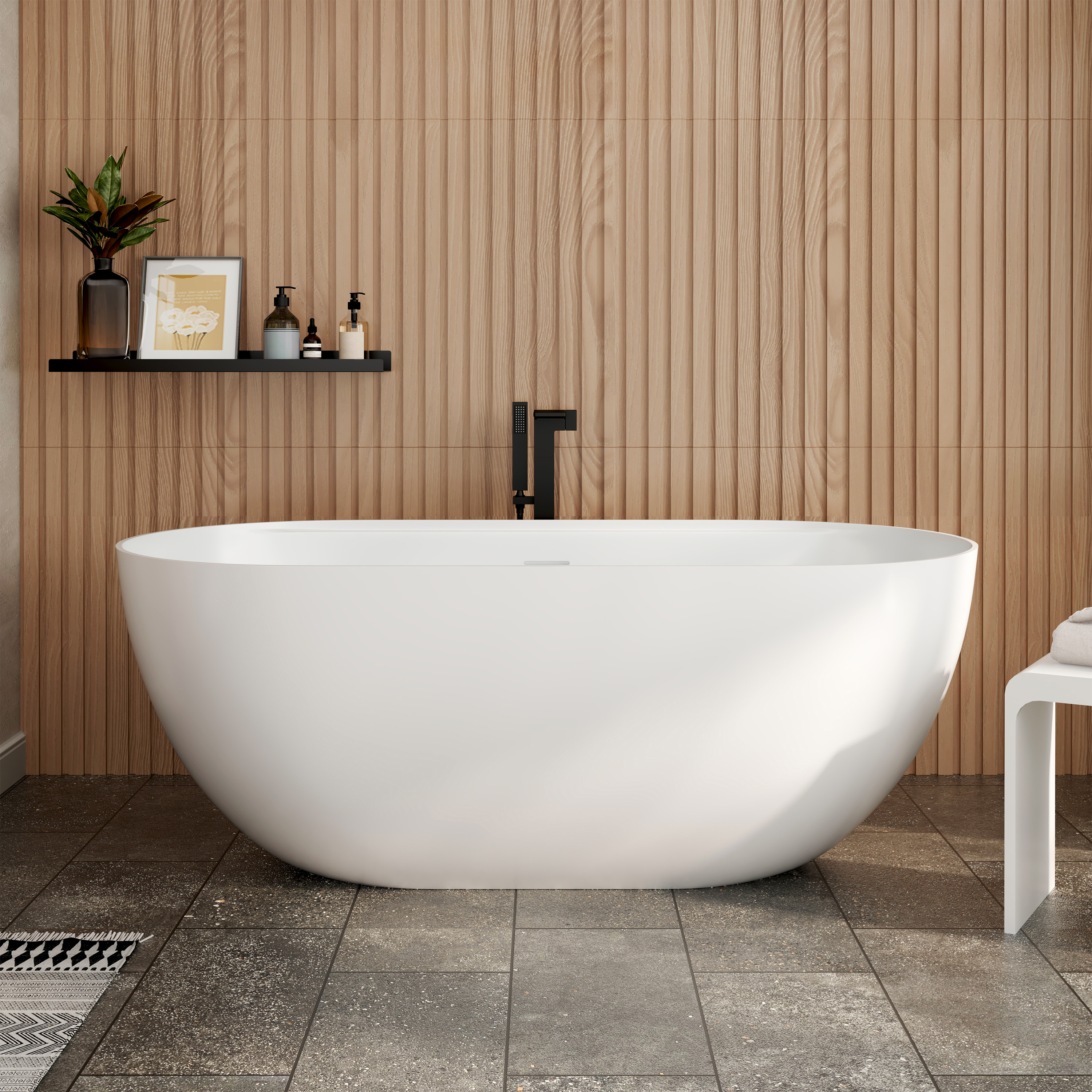 59" Matte White Solid Surface Freestanding Soaking Tub with Bath Caddy