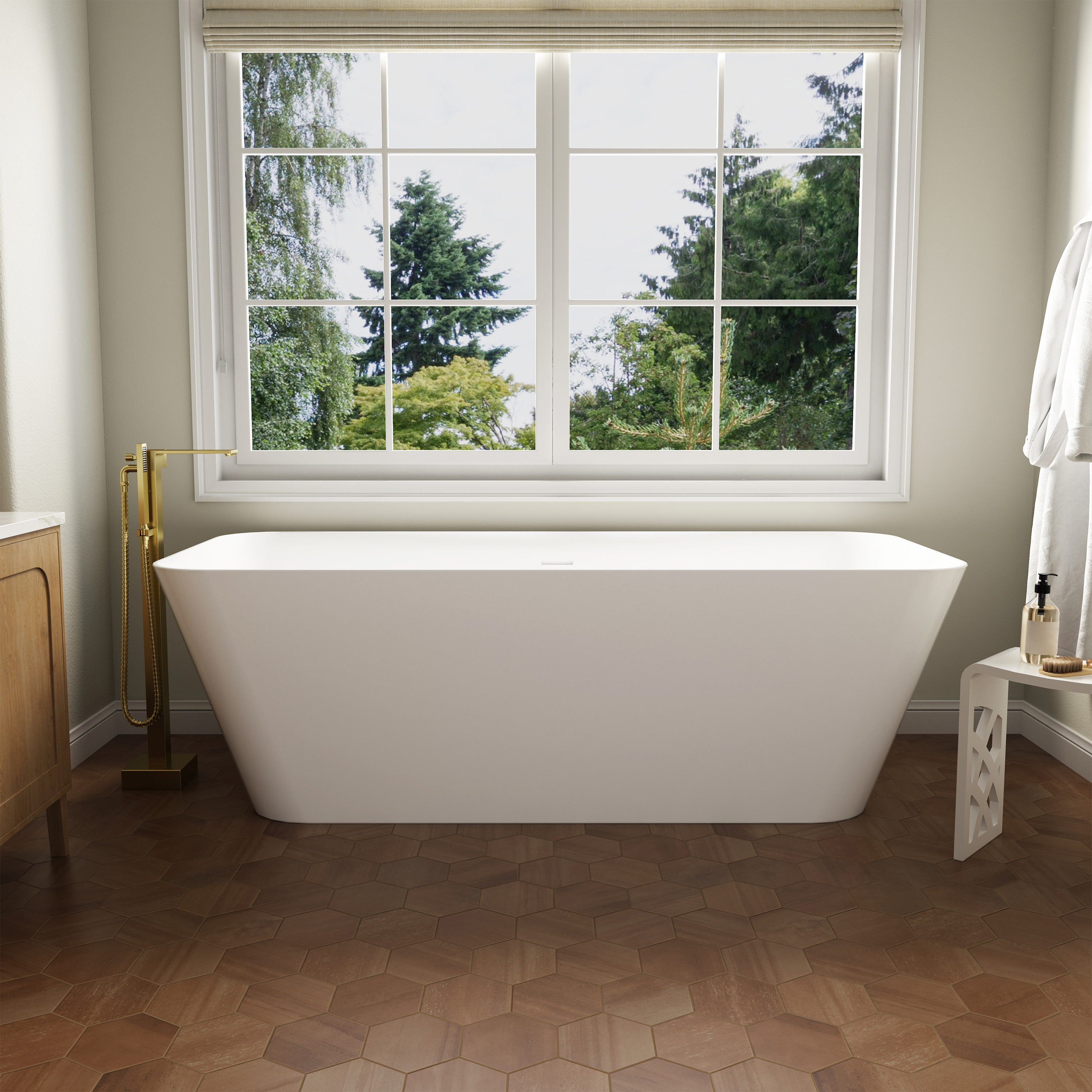 67" Rectangular Solid Surface Freestanding Soaker Tub in Matte White