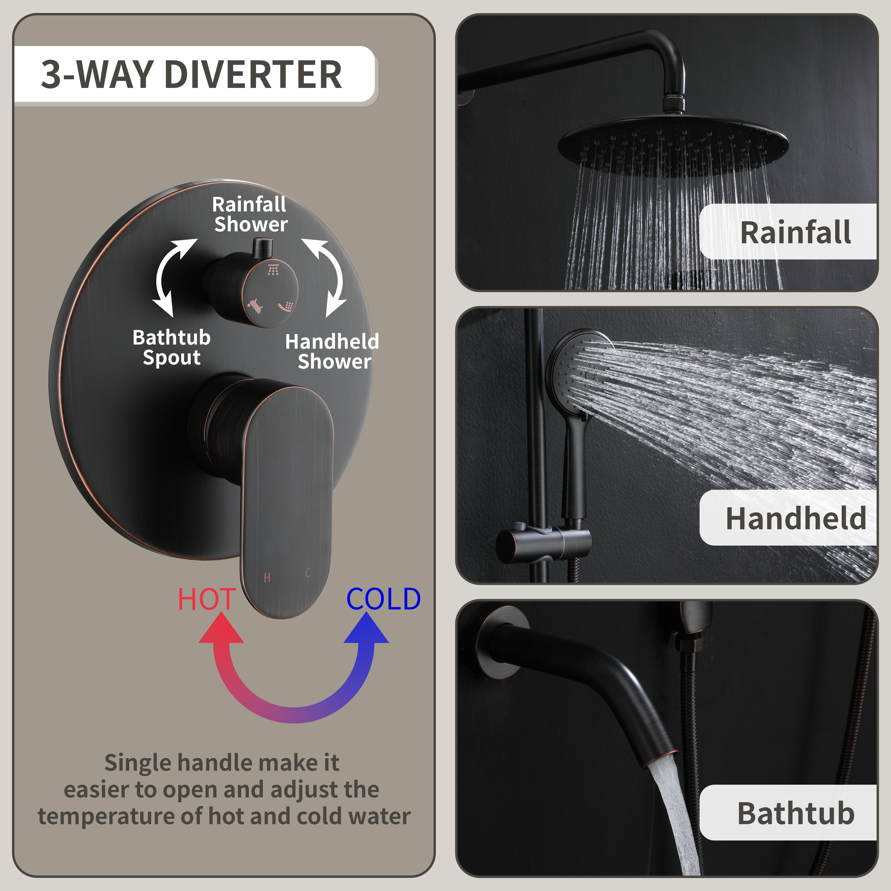 9" 3-Function Shower Faucet Set with Tub Spout & Slide Bar