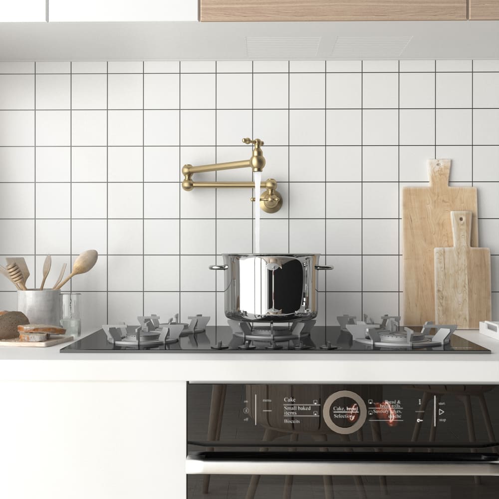 Wall Mounted Pot Filler Faucet with Double Handles, 360° Rotatable Folding Spout, Solid Brass Construction, Anti-Splash Aerator