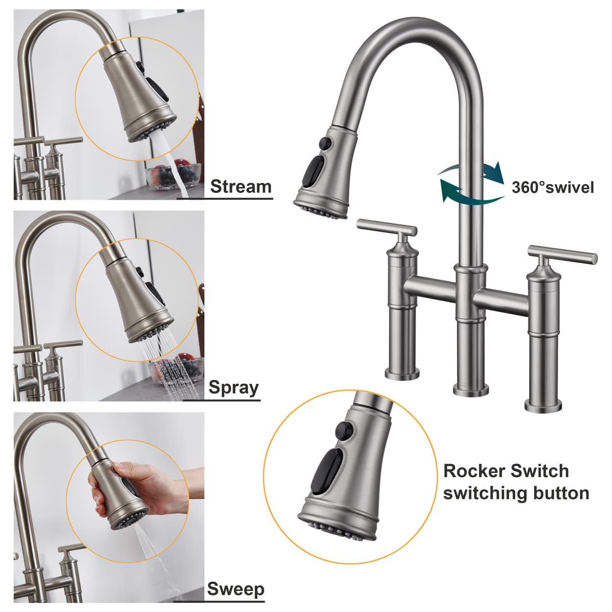 Bridge Style Pull-Down Kitchen Faucet with Double Handles & 3-Mode Spray