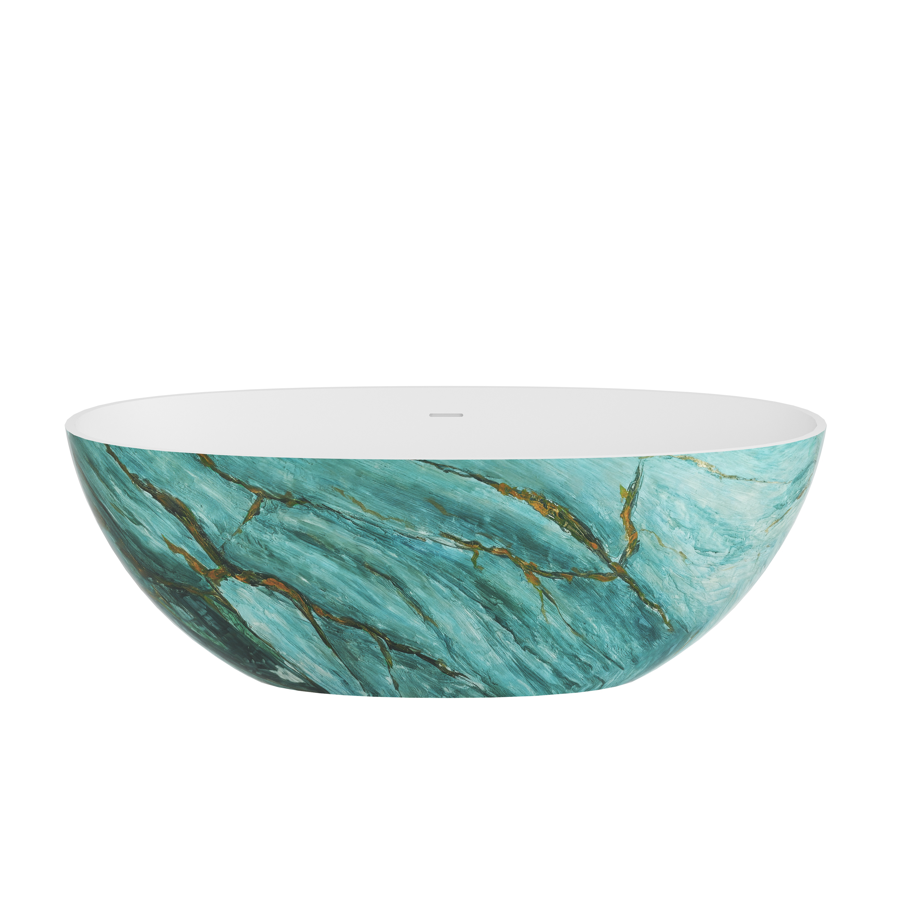 65" Freestanding Oval Solid Surface Soaking Bathtub in Emerald-Green with Center Drain & Overflow