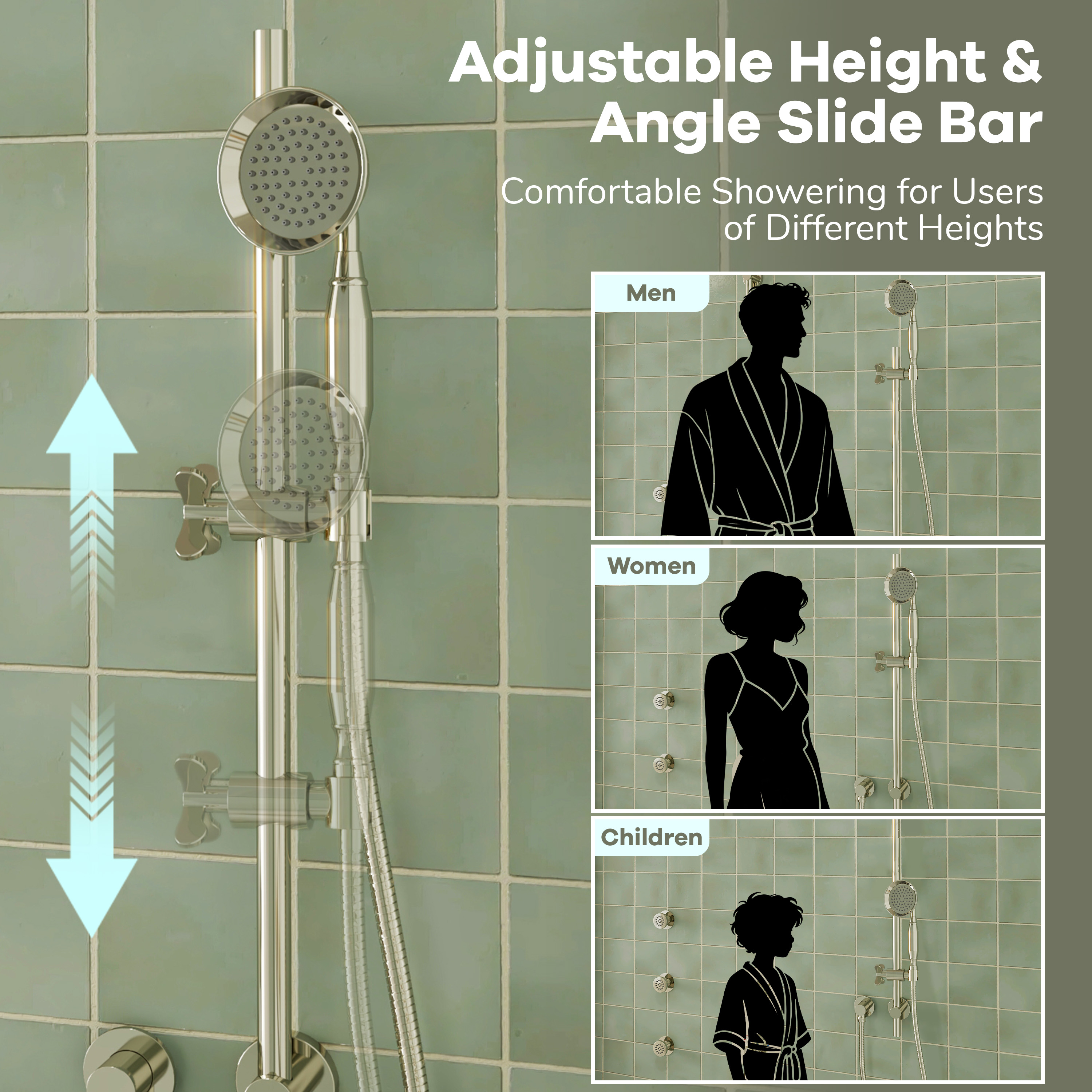 9" Rainfall Thermostatic 3-Function Shower System with Slide Bar & Body Jets