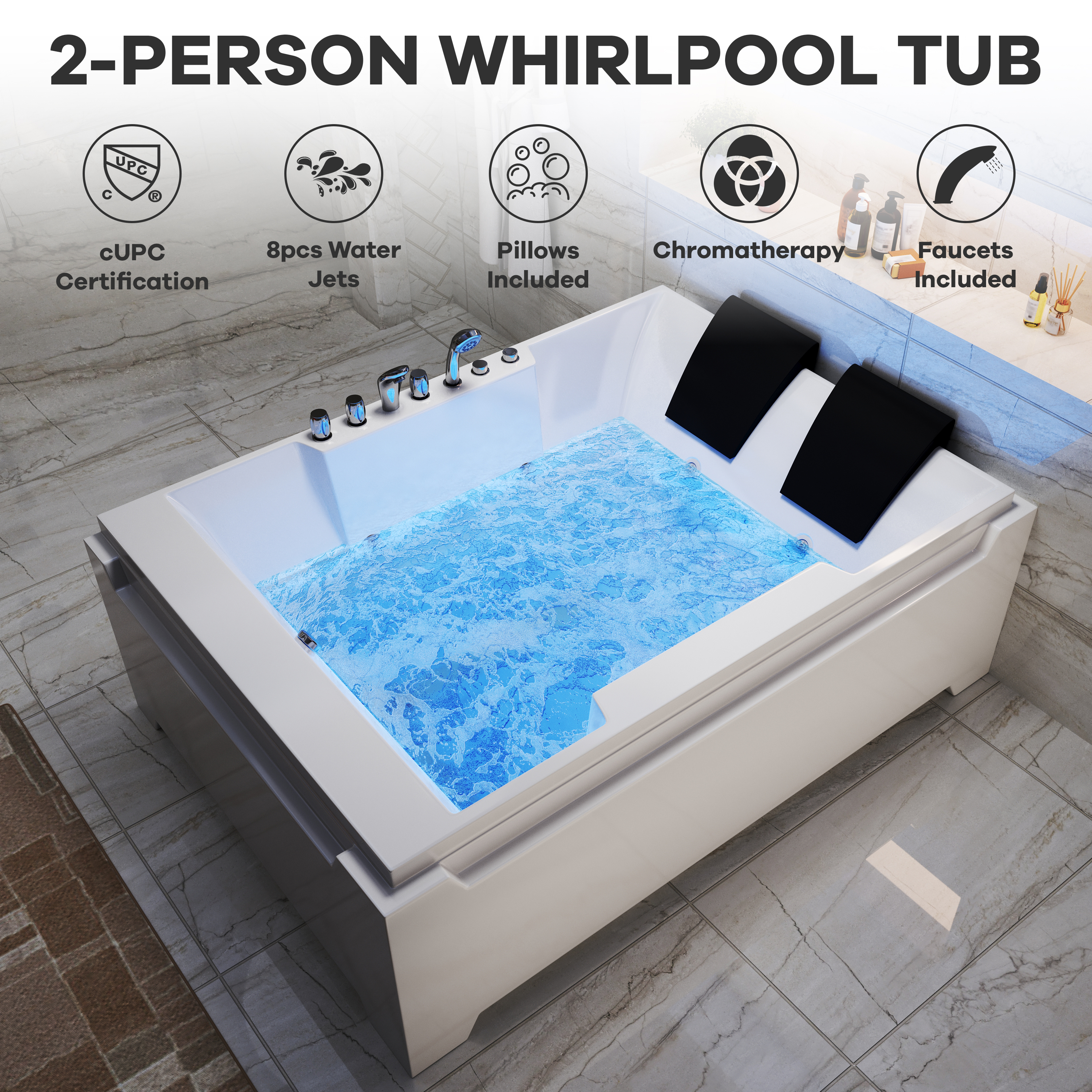 73" Two-Person Whirlpool Tub with Hydro Massage Jets & Chromatherapy Lighting