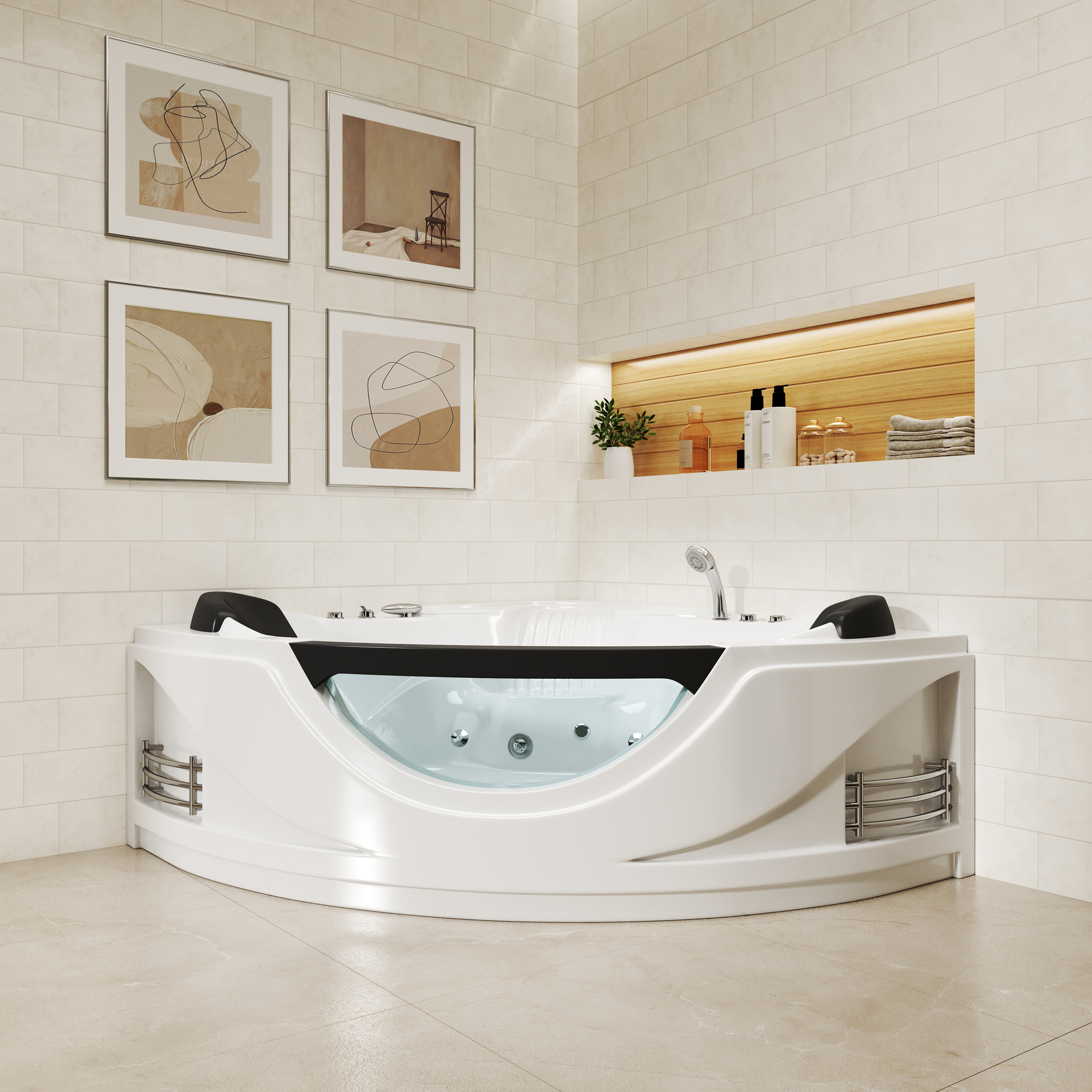 59" Corner Whirlpool Massage Bathtub for 2 Persons with Hydrotherapy Jets & LED Mood Lighting