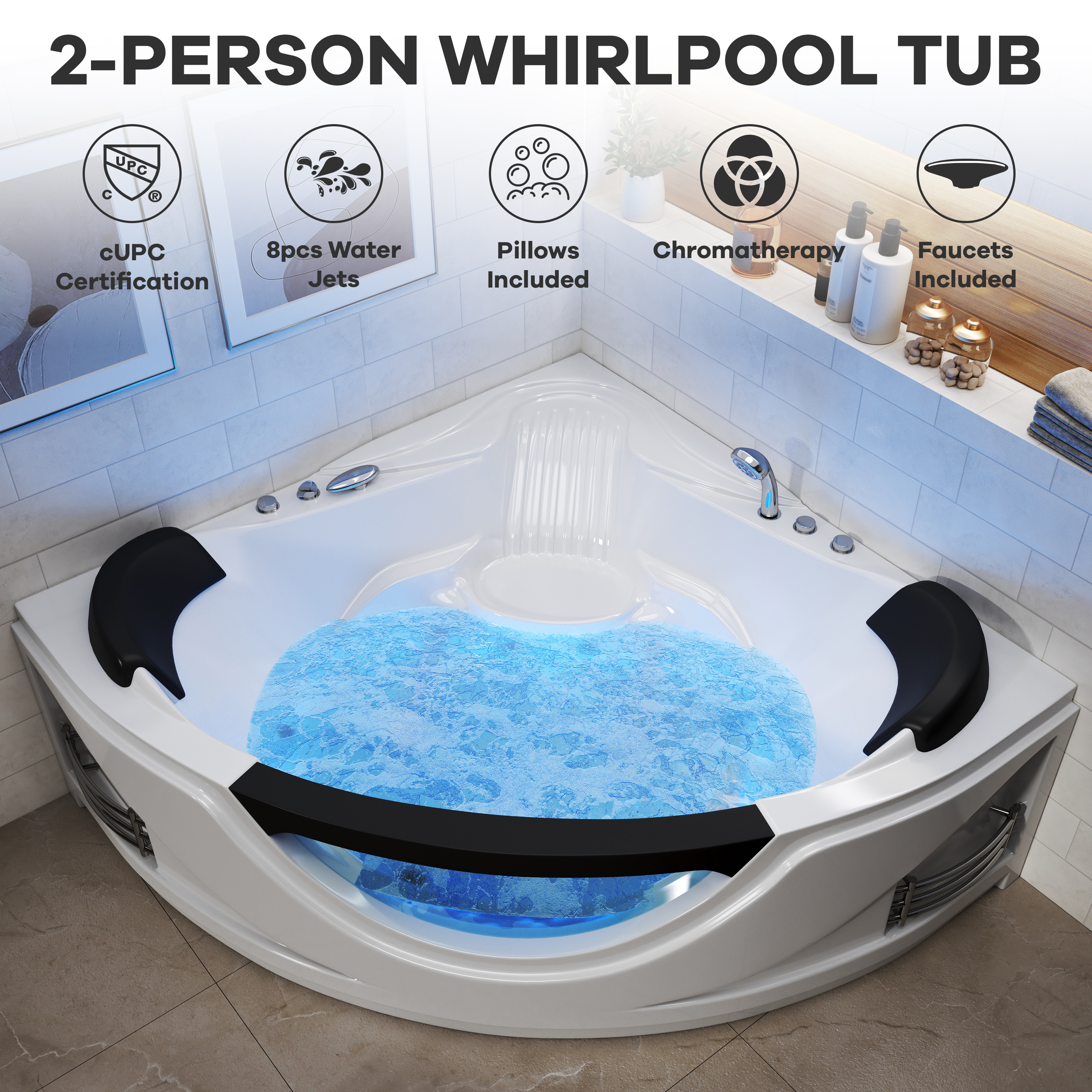 59" Corner Whirlpool Massage Bathtub for 2 Persons with Hydrotherapy Jets & LED Mood Lighting