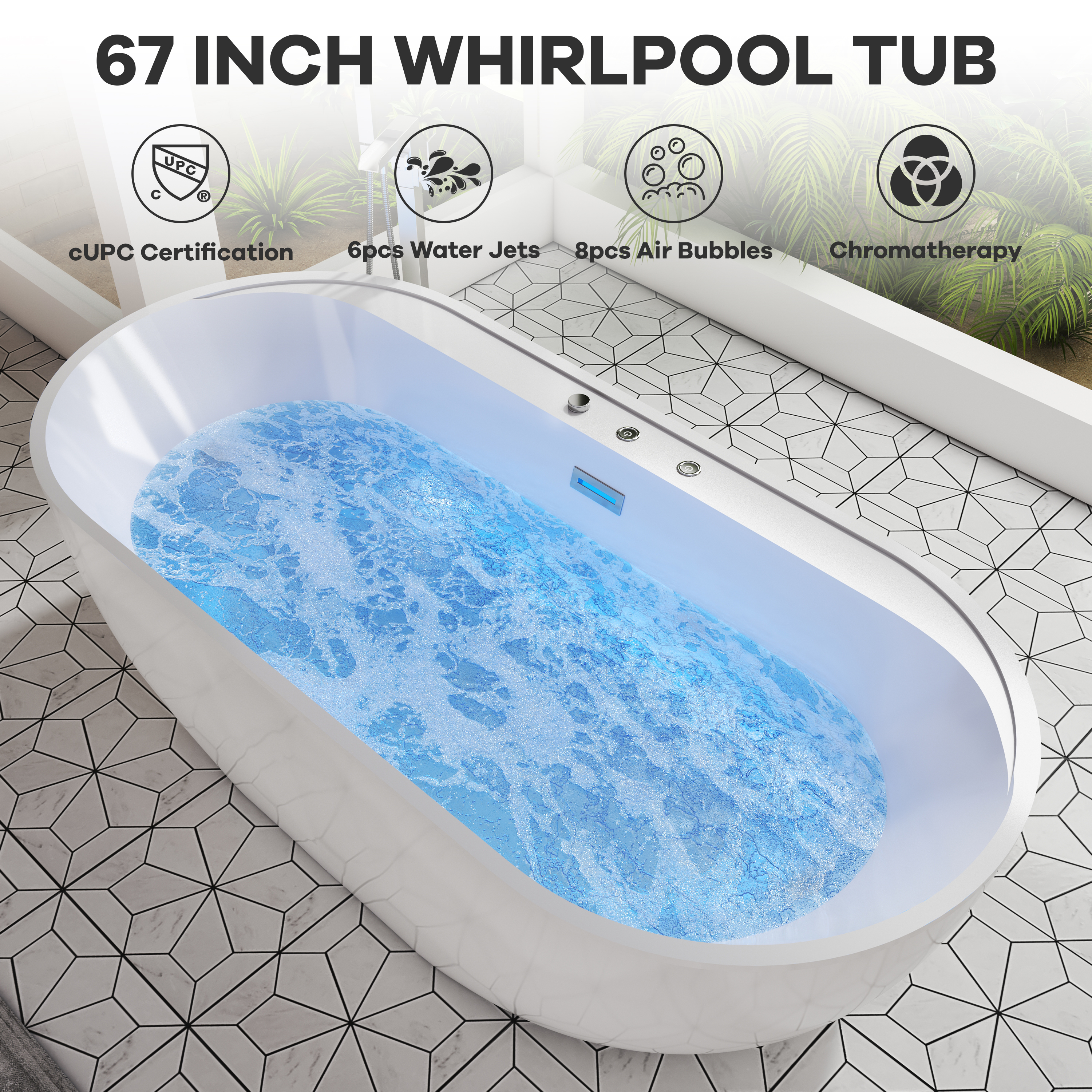 67" Whirlpool and Air Massage Bathtub with Adjustable Air Blower, 6 Hydro Jets & 8 Bubble Jets