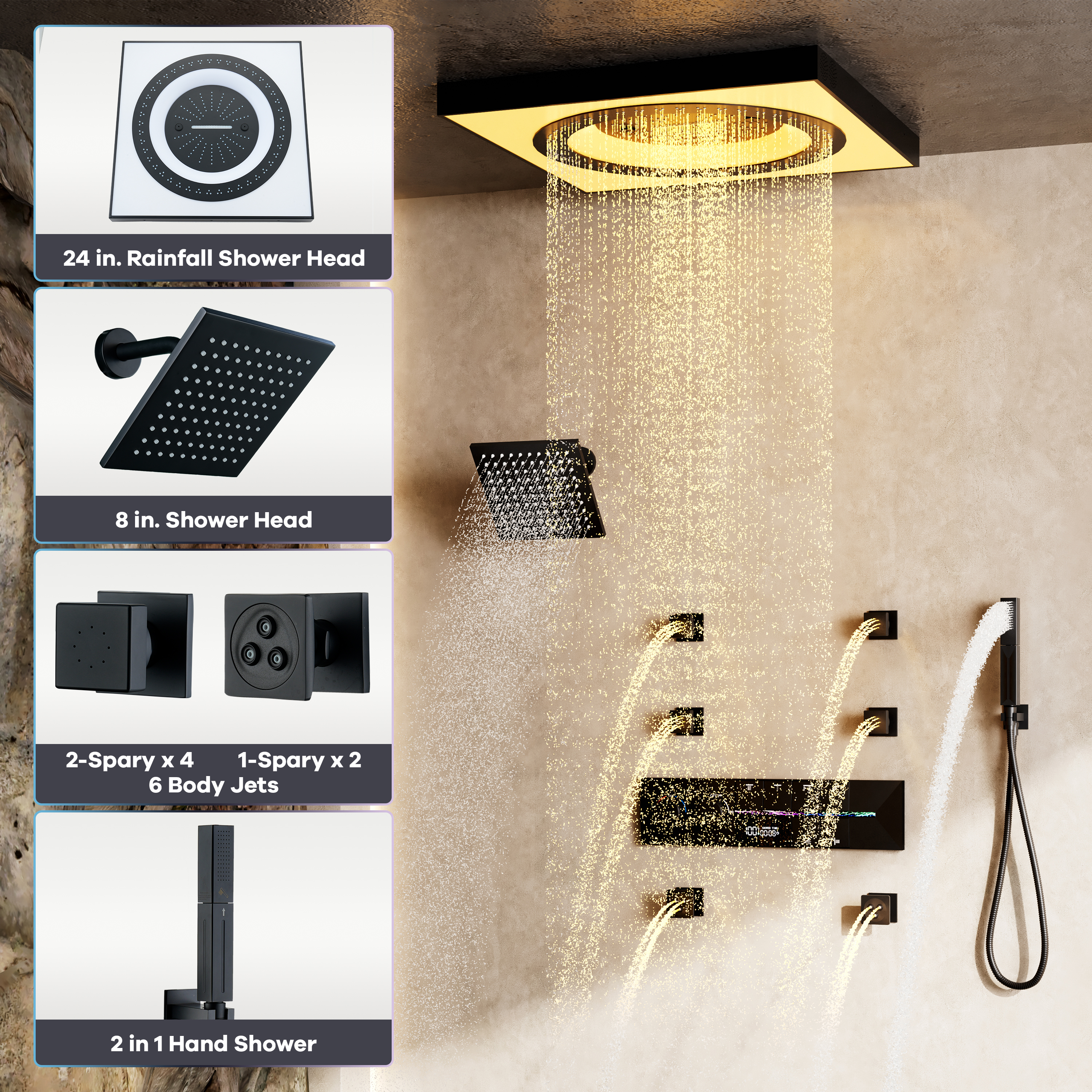 24-inch 6-Function Thermostatic Shower System with LED Light & Body Jet & Slide Bar