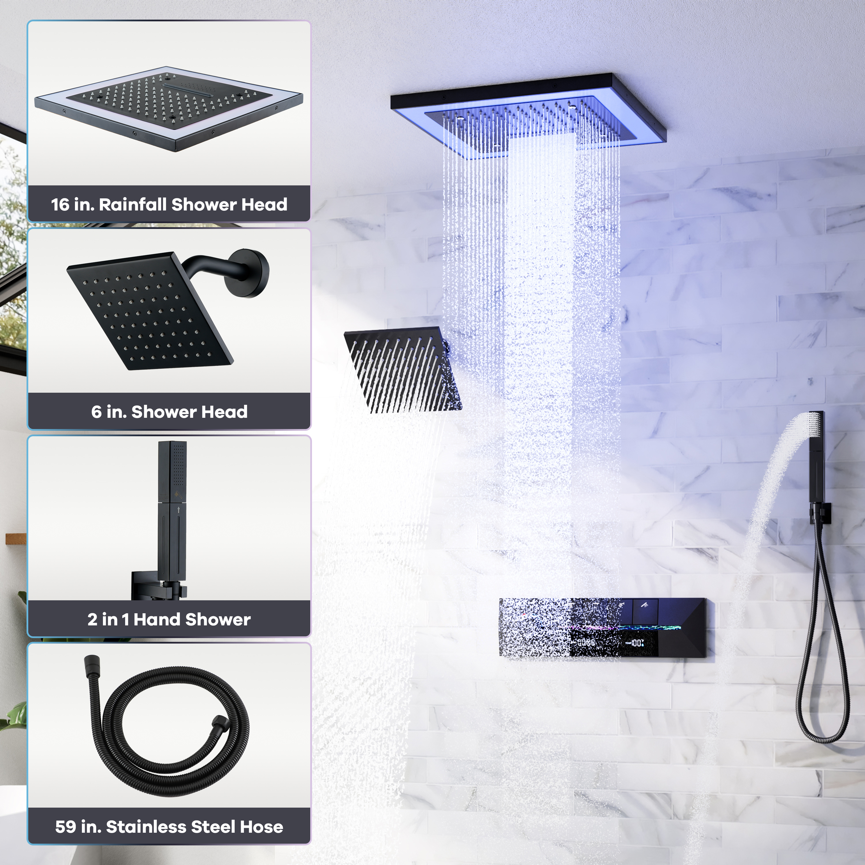16-Inch Four-Function Luxury Thermostatic Shower System with LED Lights