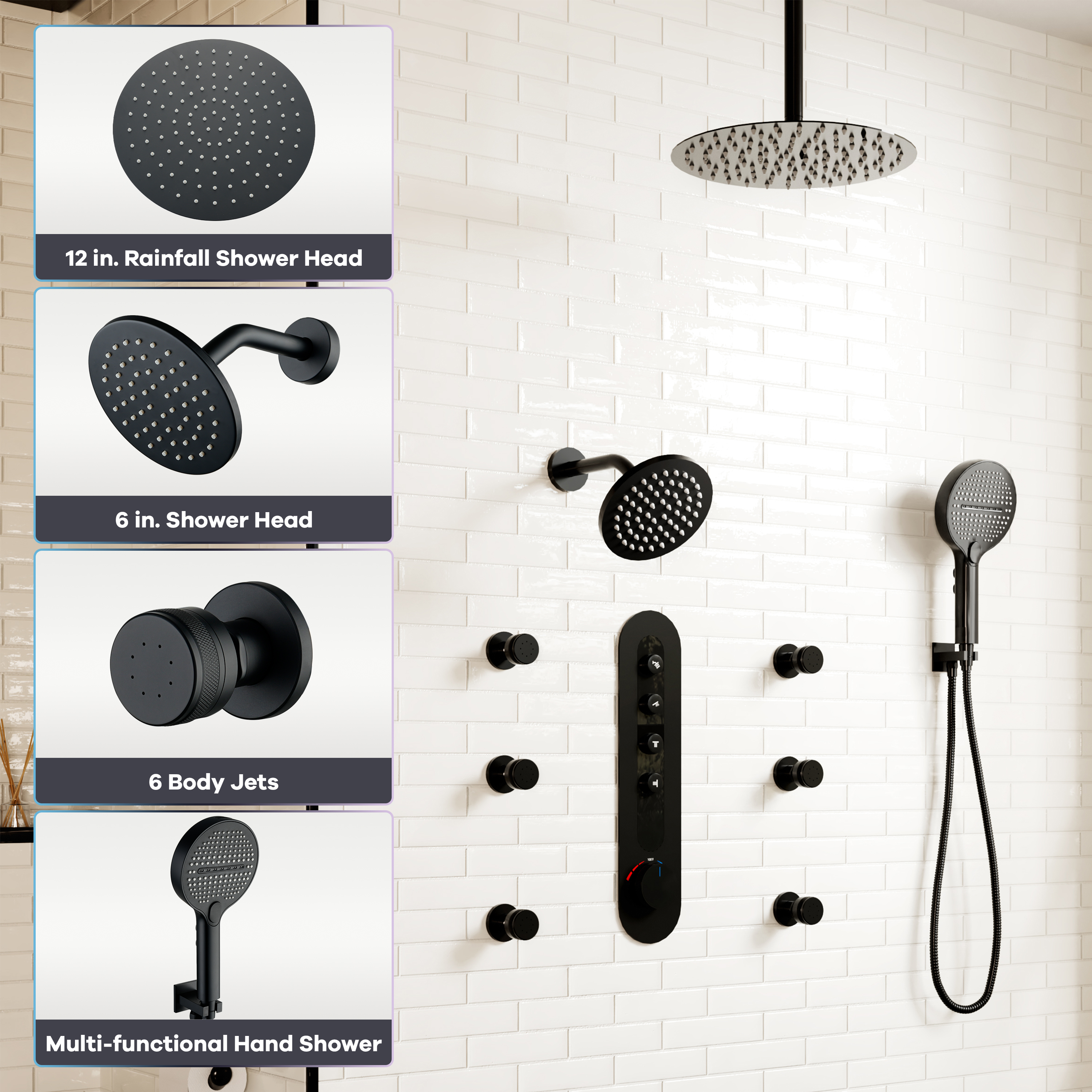 12-inch 4-Function Thermostatic Shower System with Digital Display & Body Jet