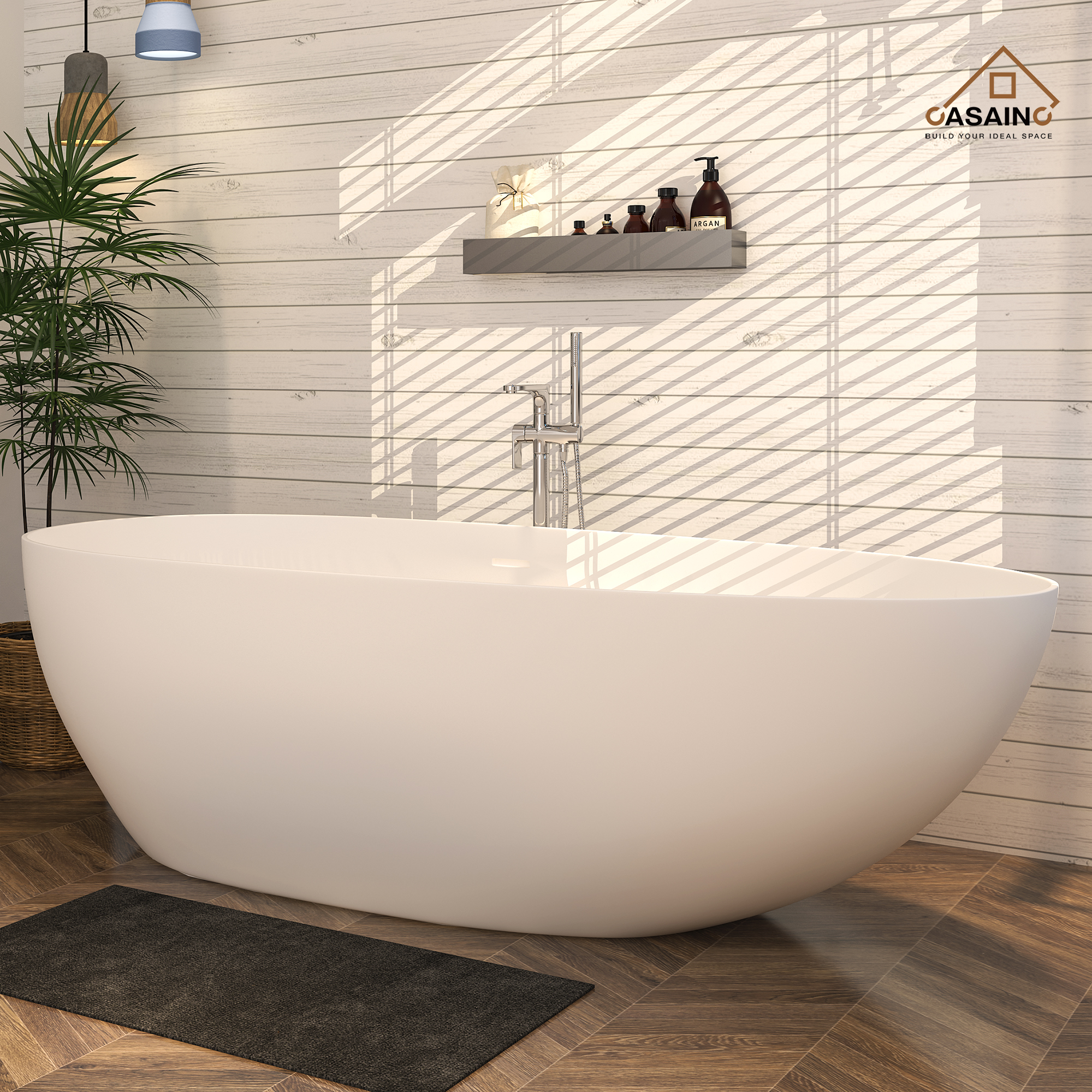 CASAINC 59/63/67/71" Solid Surface Freestanding Bathtub, Egg Shell Shaped Stone Resin Freestanding Tubs, Contemporary Oval Soaking Tub with Overflow and  Drain, Matte White
