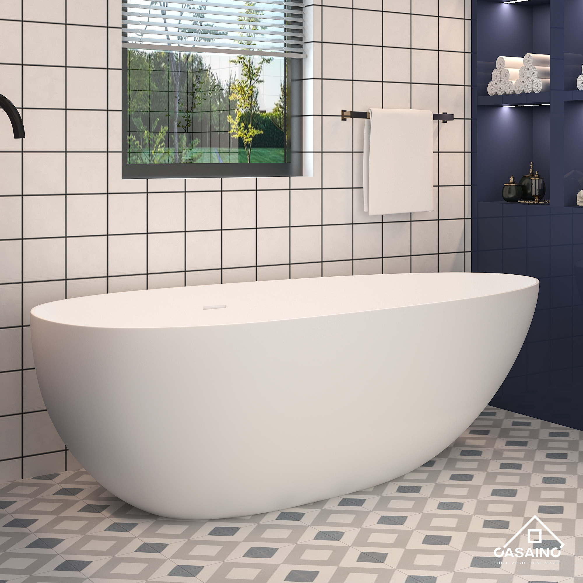 CASAINC 59/63/67/71" Solid Surface Freestanding Bathtub, Egg Shell Shaped Stone Resin Freestanding Tubs, Contemporary Oval Soaking Tub with Overflow and  Drain, Matte White