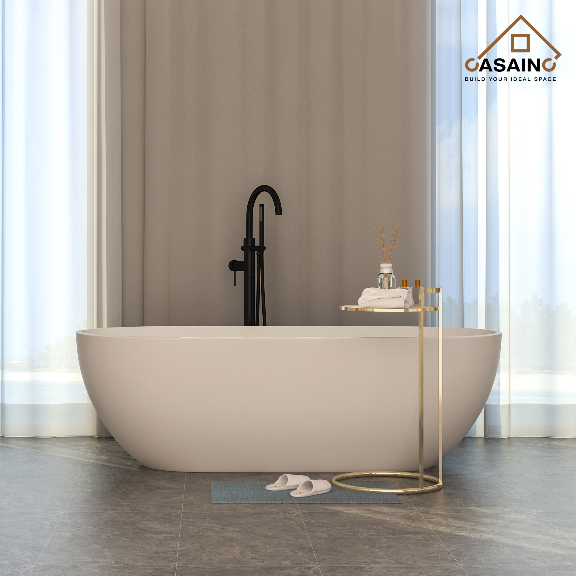 59 inches Solid Surface Free-Standing Bathtub with Center Drain in Matte White