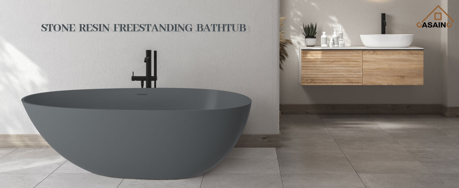 67" Solid Surface Freestanding Bathtub, Egg Shell Shaped Stone Resin Matte Tubs, Contemporary Oval Soaking Tub with Overflow and Center Drain, Matte Black, Matte Grey