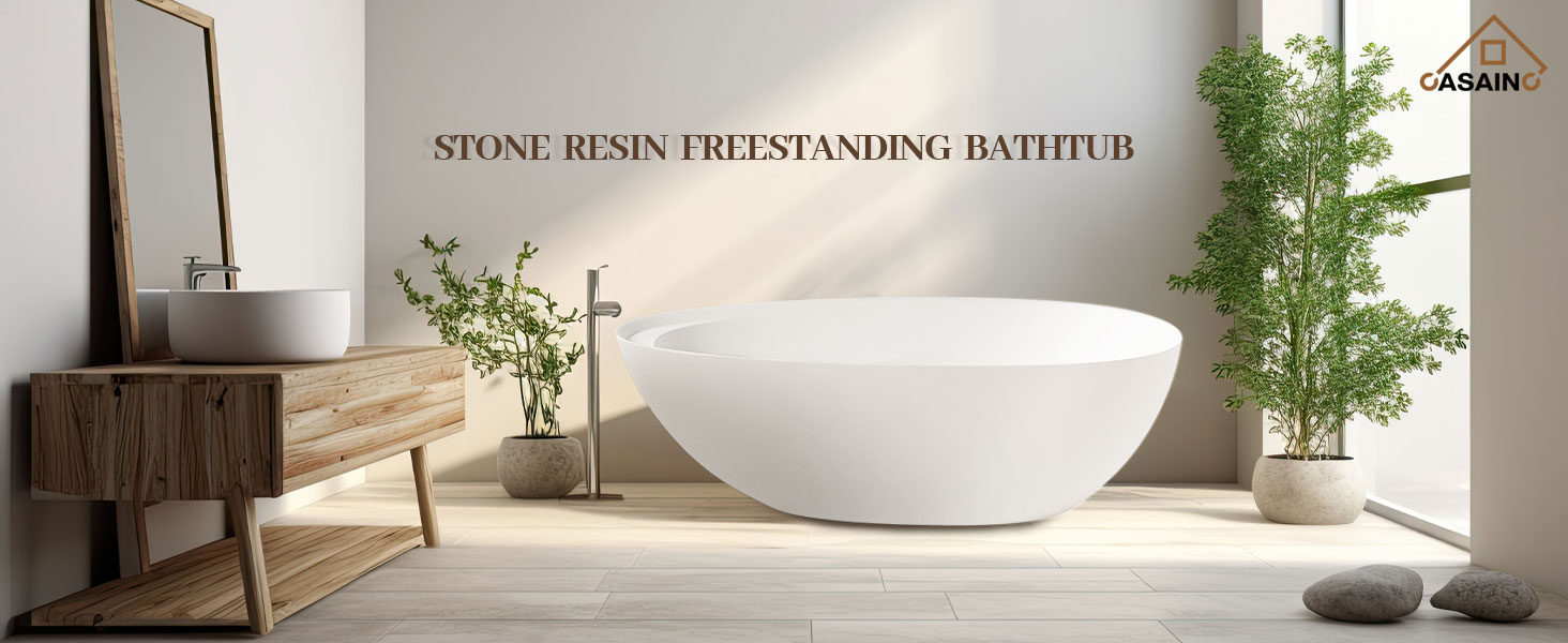 67" Solid Surface Freestanding Bathtub, Egg Shell Shaped Stone Resin Freestanding Tubs with Overflow and Drain, Matte Black, Matte Grey, Matte White