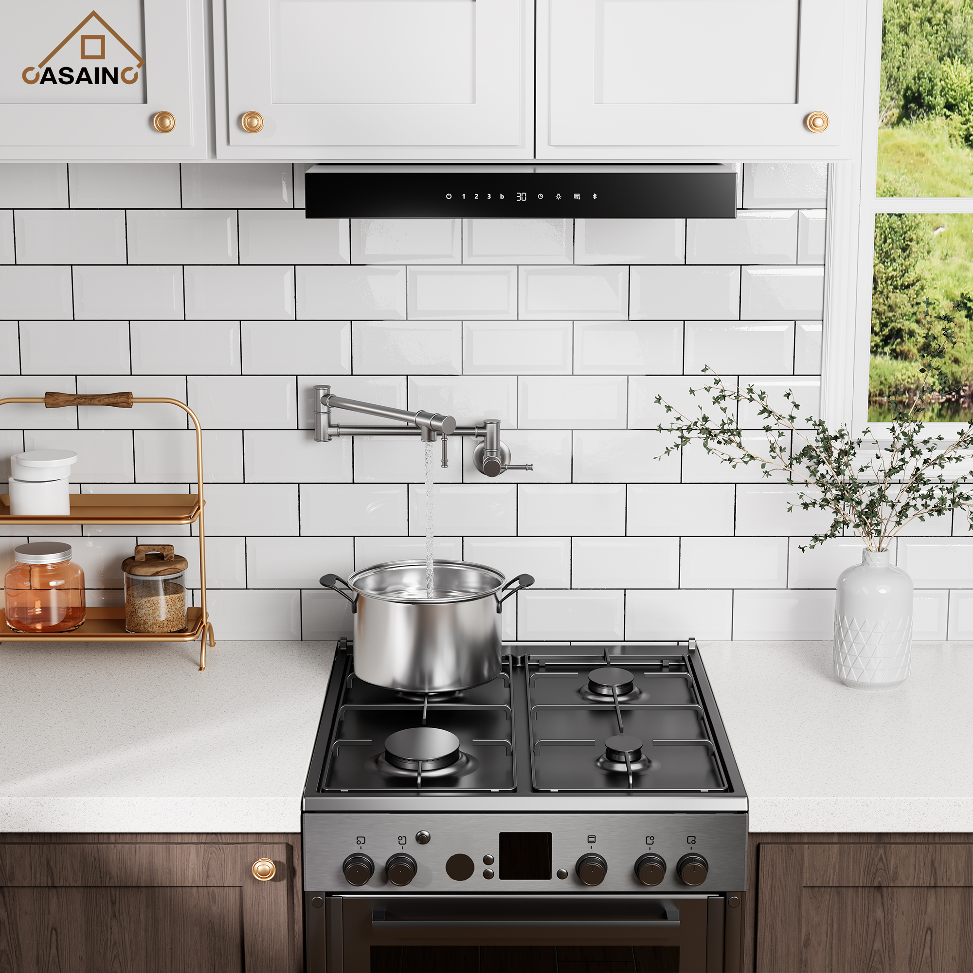 Space-Saving Wall-Mounted Pot Filler with Double Handles and Folding Design