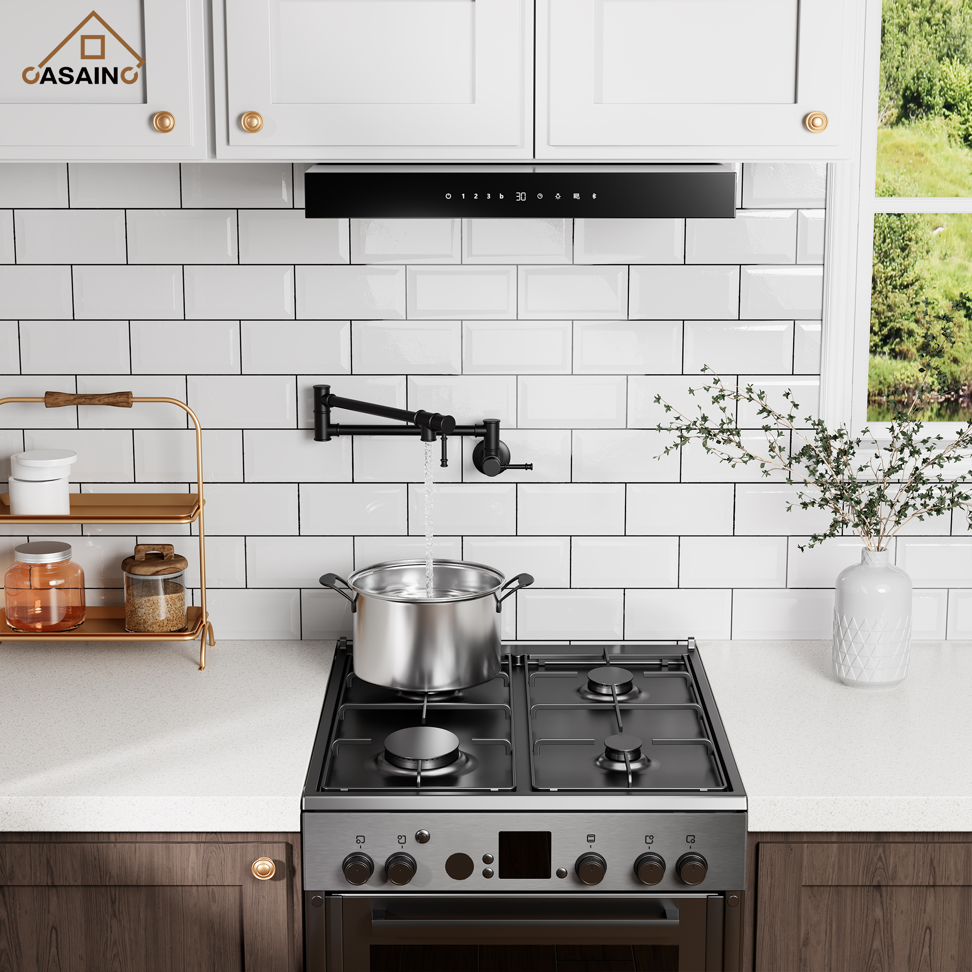 Space-Saving Wall-Mounted Pot Filler with Double Handles and Folding Design