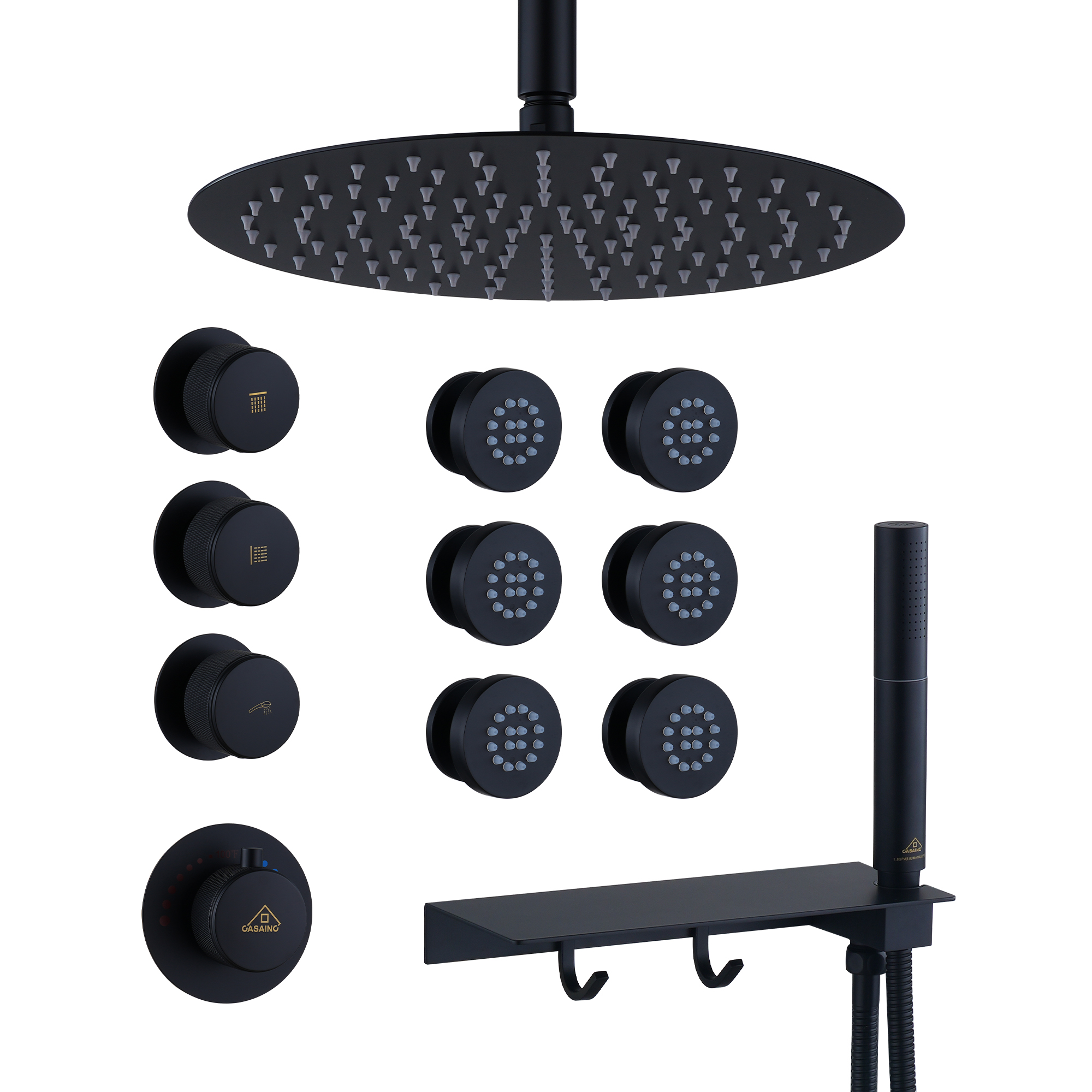 12" Shower System With Shelf, Handheld Shower With Spray Gun Feature