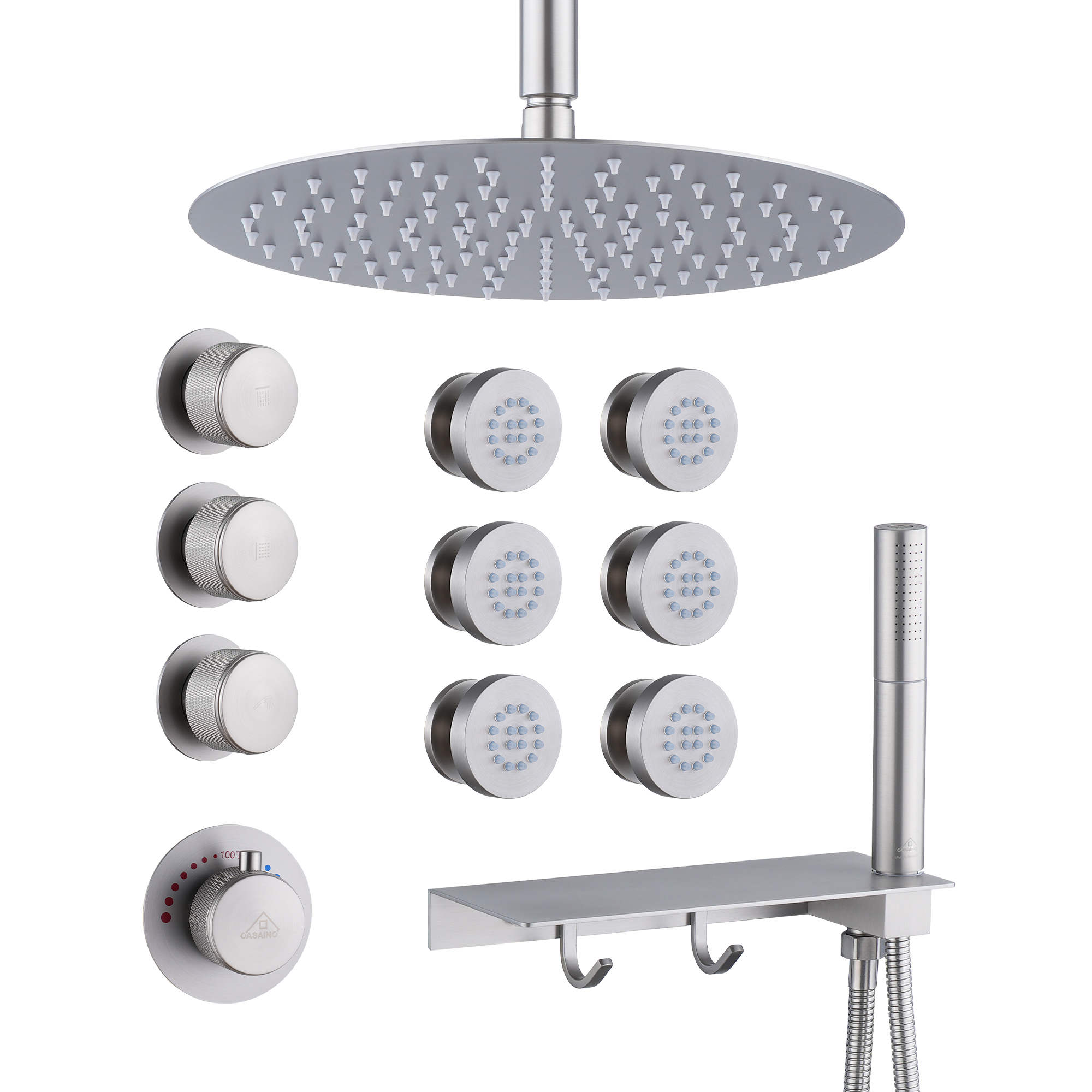 12" Shower System With Shelf, Handheld Shower With Spray Gun Feature