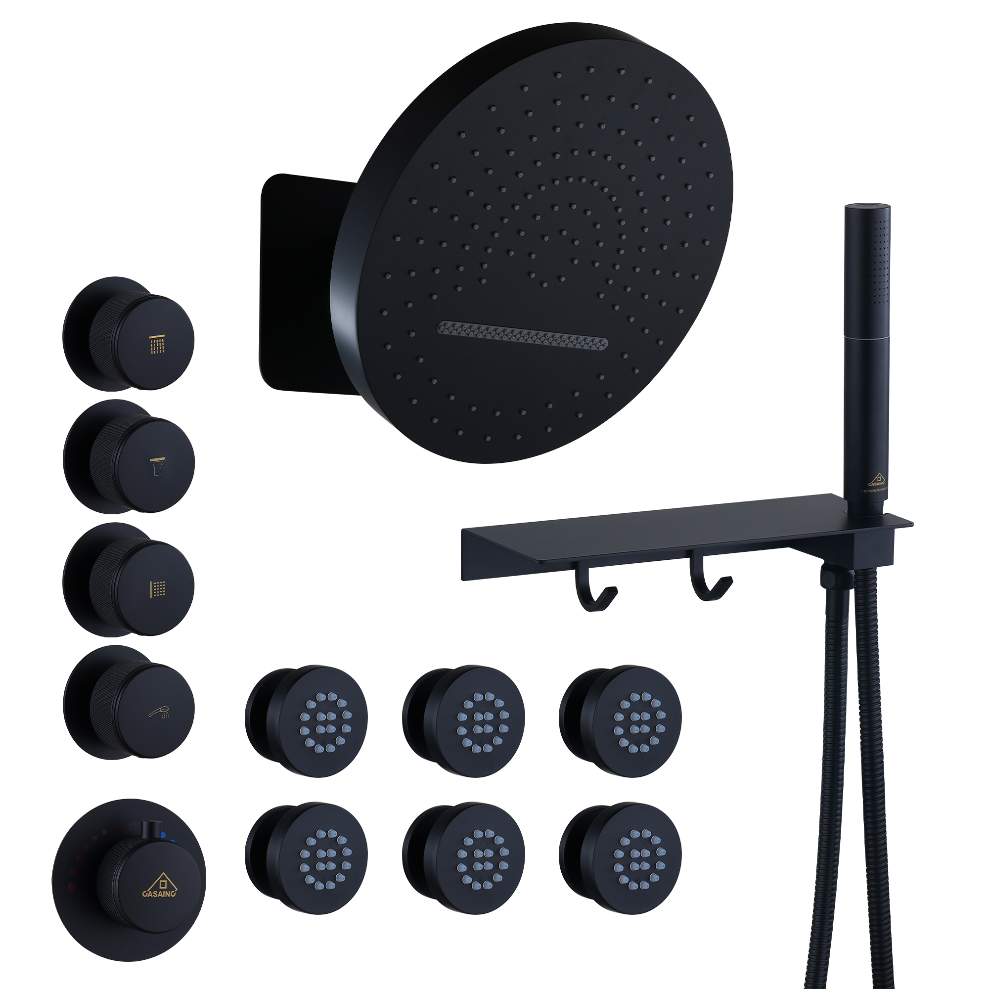 12" Adjustable Shower Head With Shelf Shower System, Hand Shower With Spray Gun Function