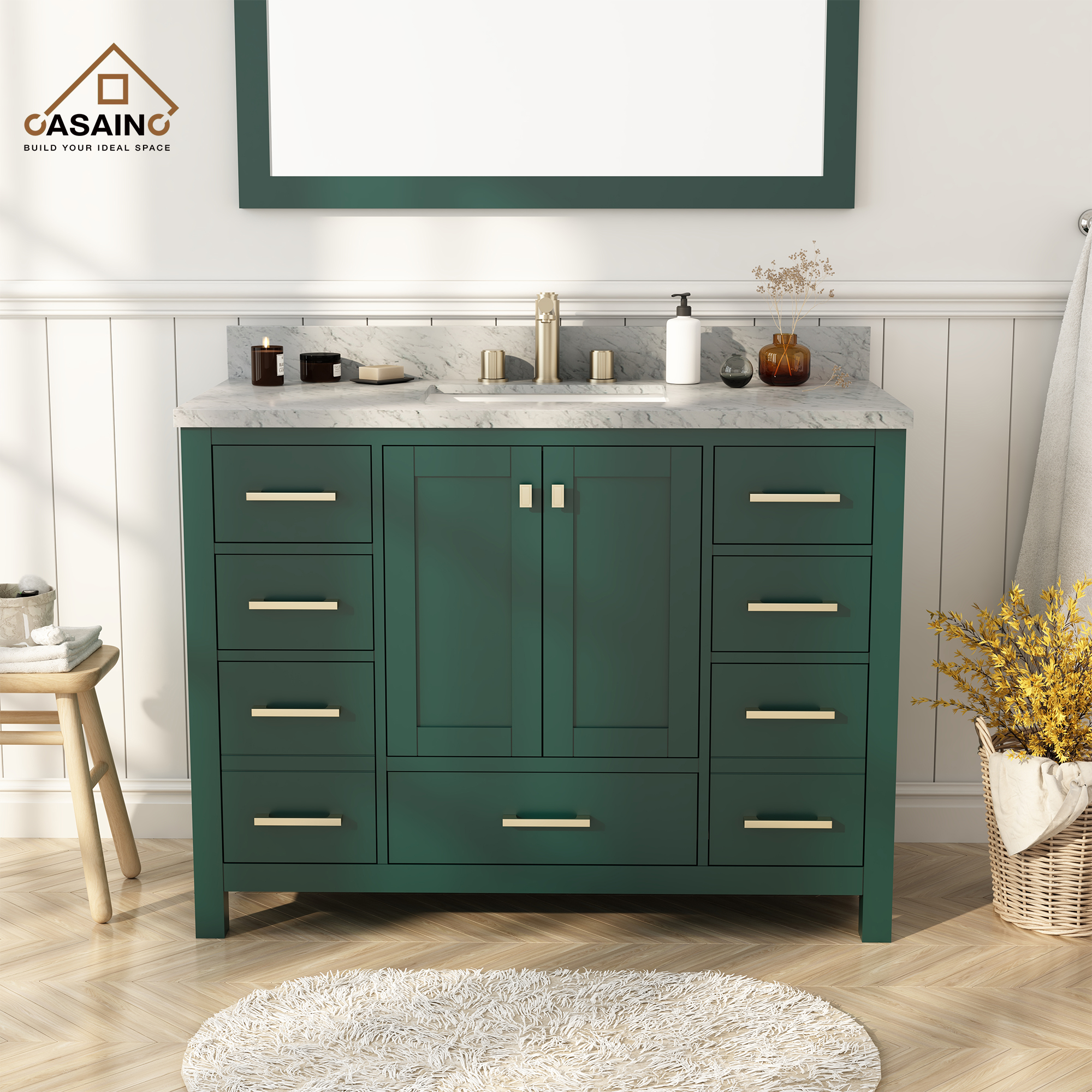 36"/48"/60" Solid Wood Bathroom Vanity with Marble Top and Ceramic Basin in Green