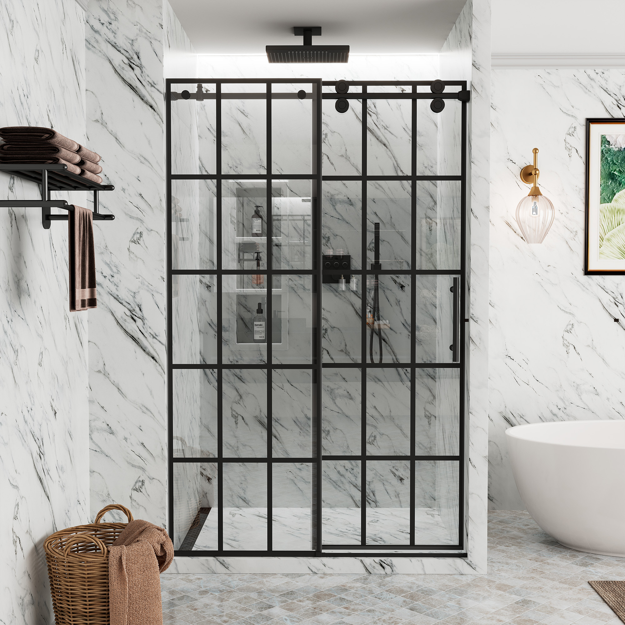 48"x76"/60"x76" Silk-Screen Frameless Single Sliding Shower Door in Matte Black, Black Grid Pattern Design, Irreversible Installation
