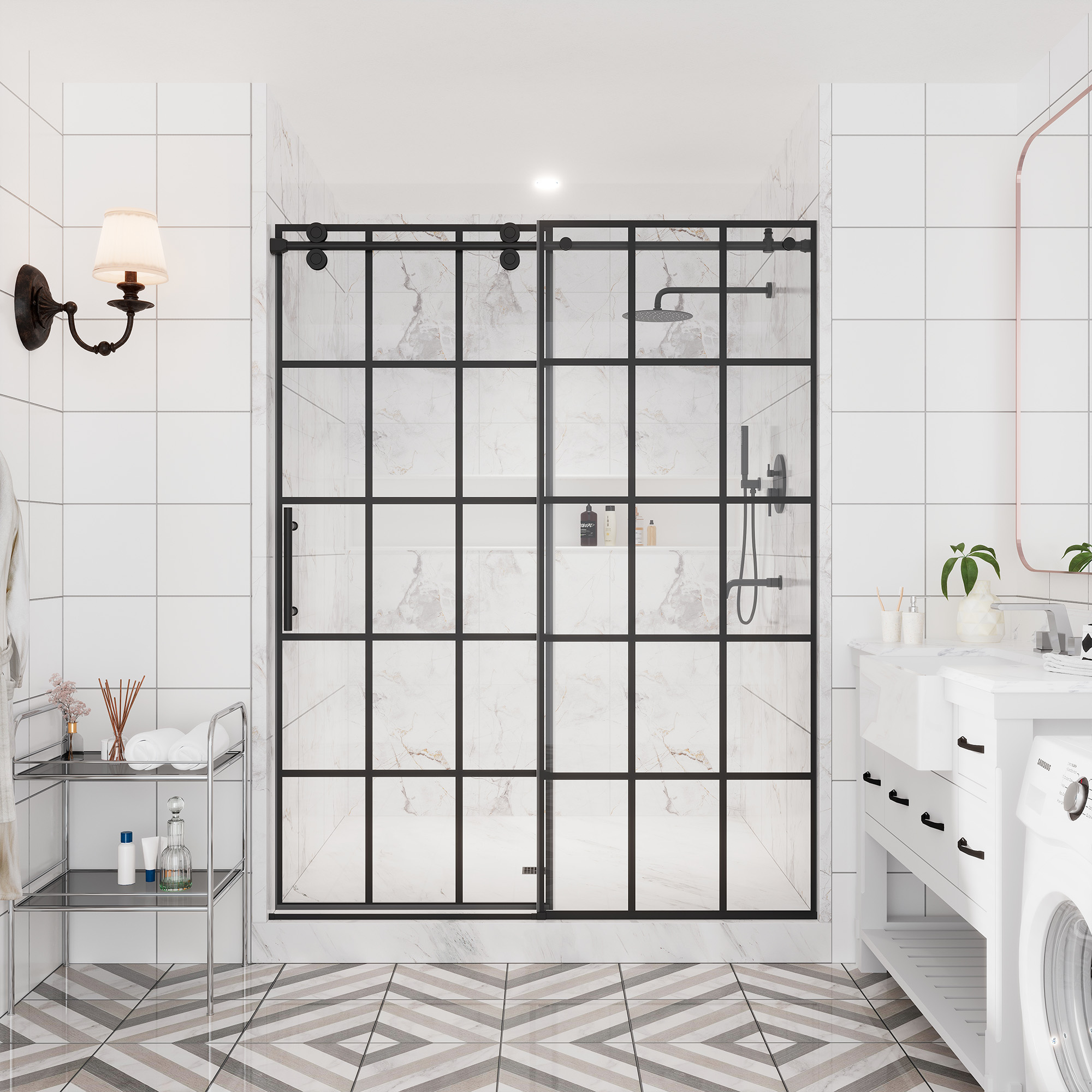 48"x76"/60"x76" Silk-Screen Frameless Single Sliding Shower Door in Matte Black, Black Grid Pattern Design, Irreversible Installation