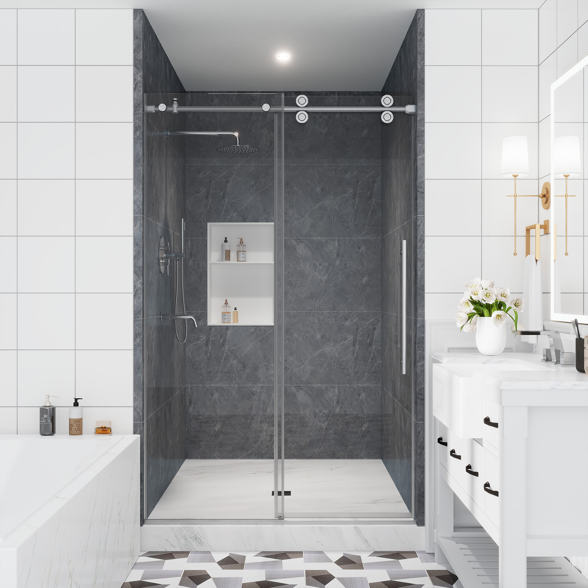 48"x76" Frameless Single Sliding Shower Door in Matte Black/Brushed Nickel/Chrome, Reversible Installation