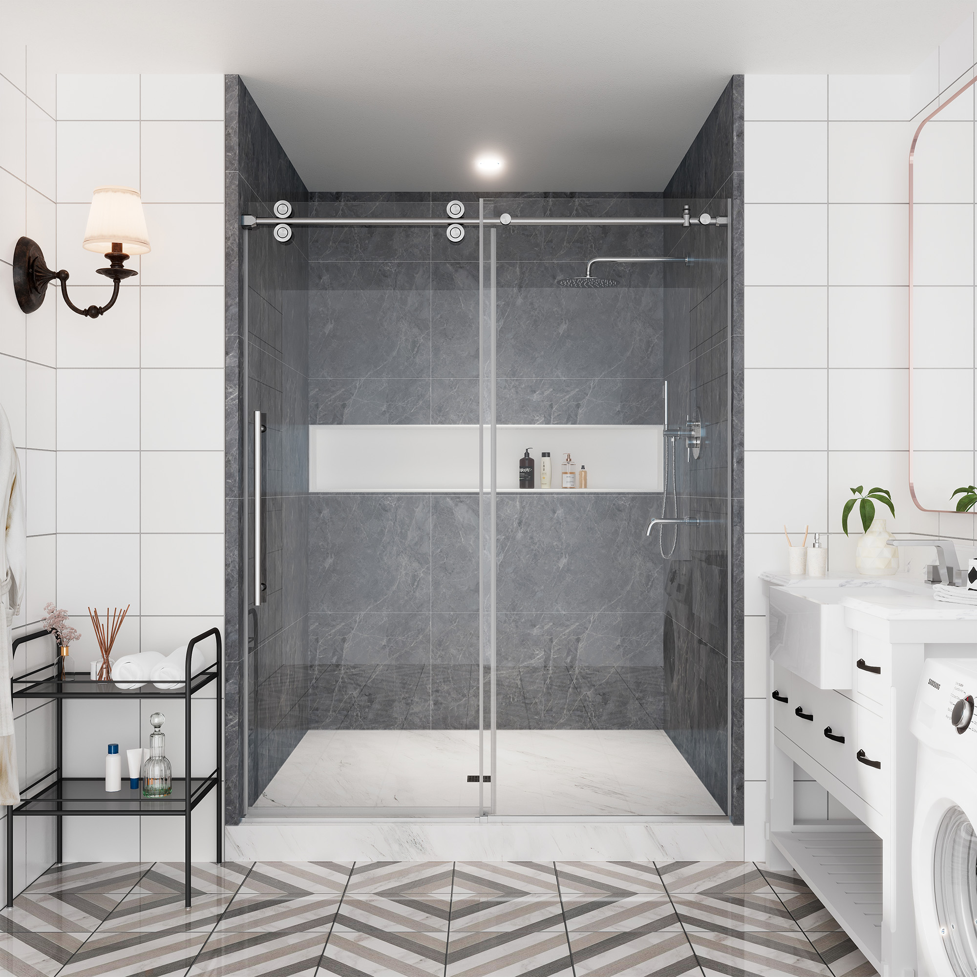 60"x76" Single Sliding Frameless Shower Door in Matte Black/Brushed Nickel/Chrome, 5/16" Thick Tempered Glass with SGCC Certification, Reversible Design