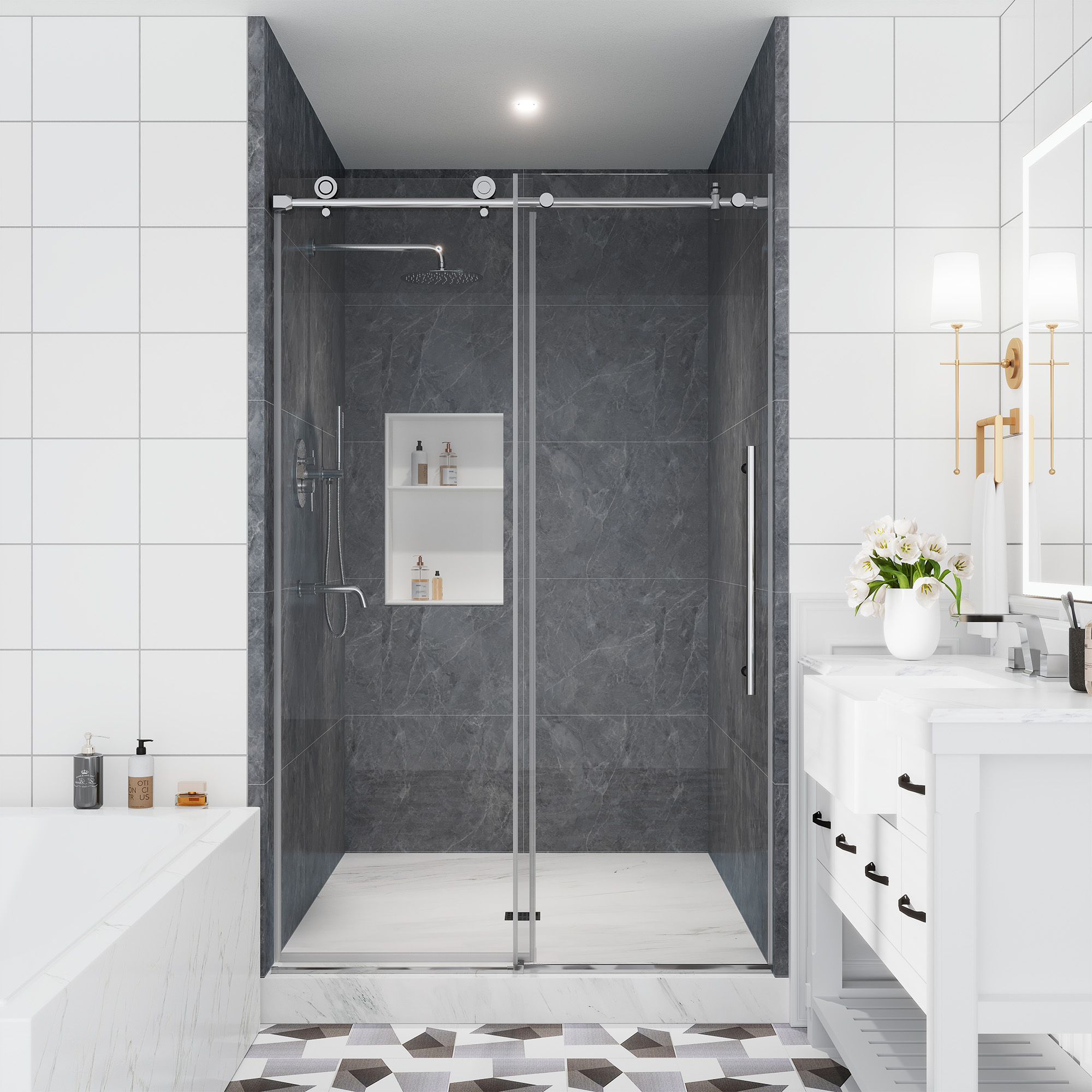 48"x76" Frameless Single Sliding Shower Door in Matte Black/Brushed Nickel/Chrome, Tempered Safety Glass and Reversible Installation