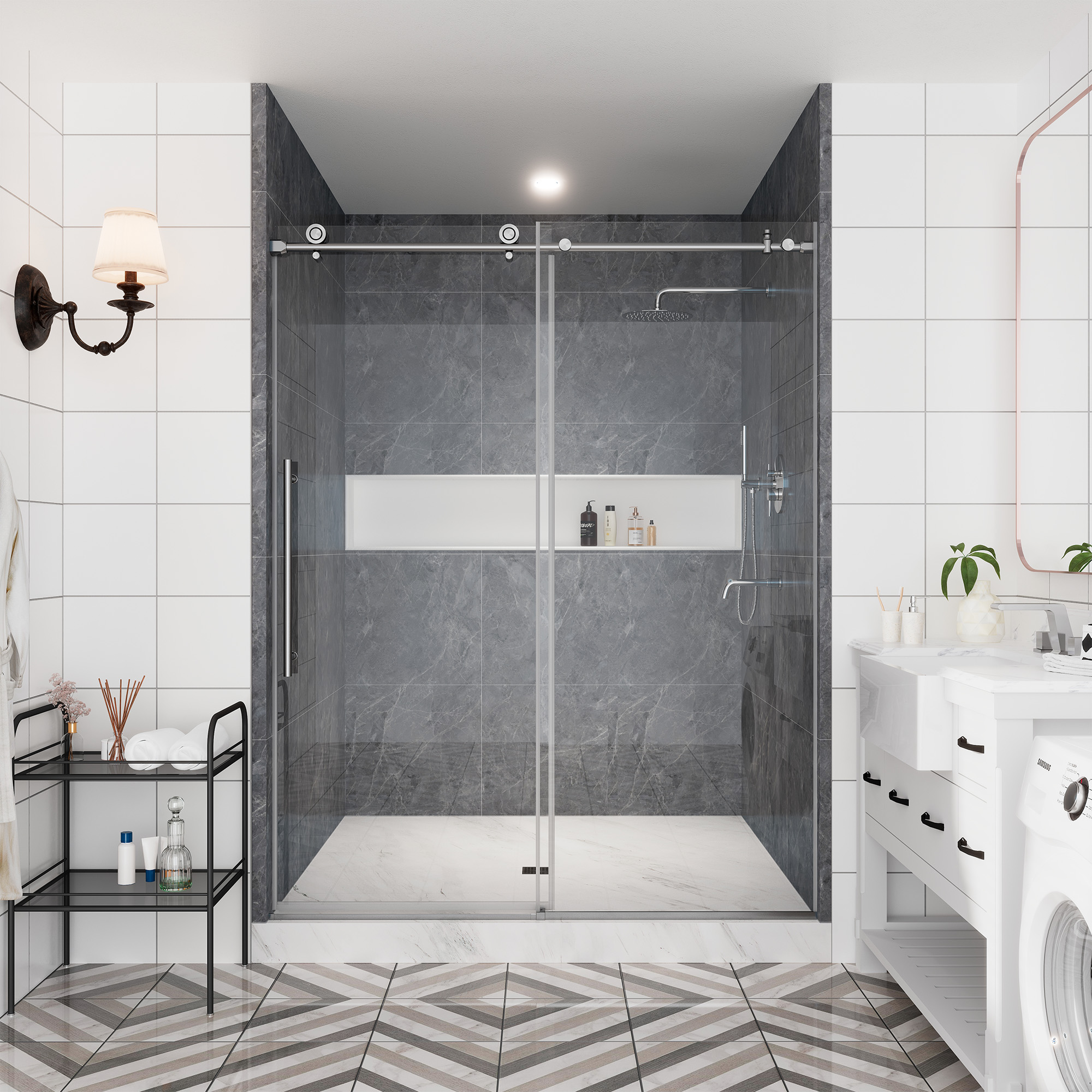 60"x76" Single Sliding Frameless Shower Door in Matte Black/Brushed Nickel/Chrome, Stainless Steel Wheels featuring an Anti-Skid Design