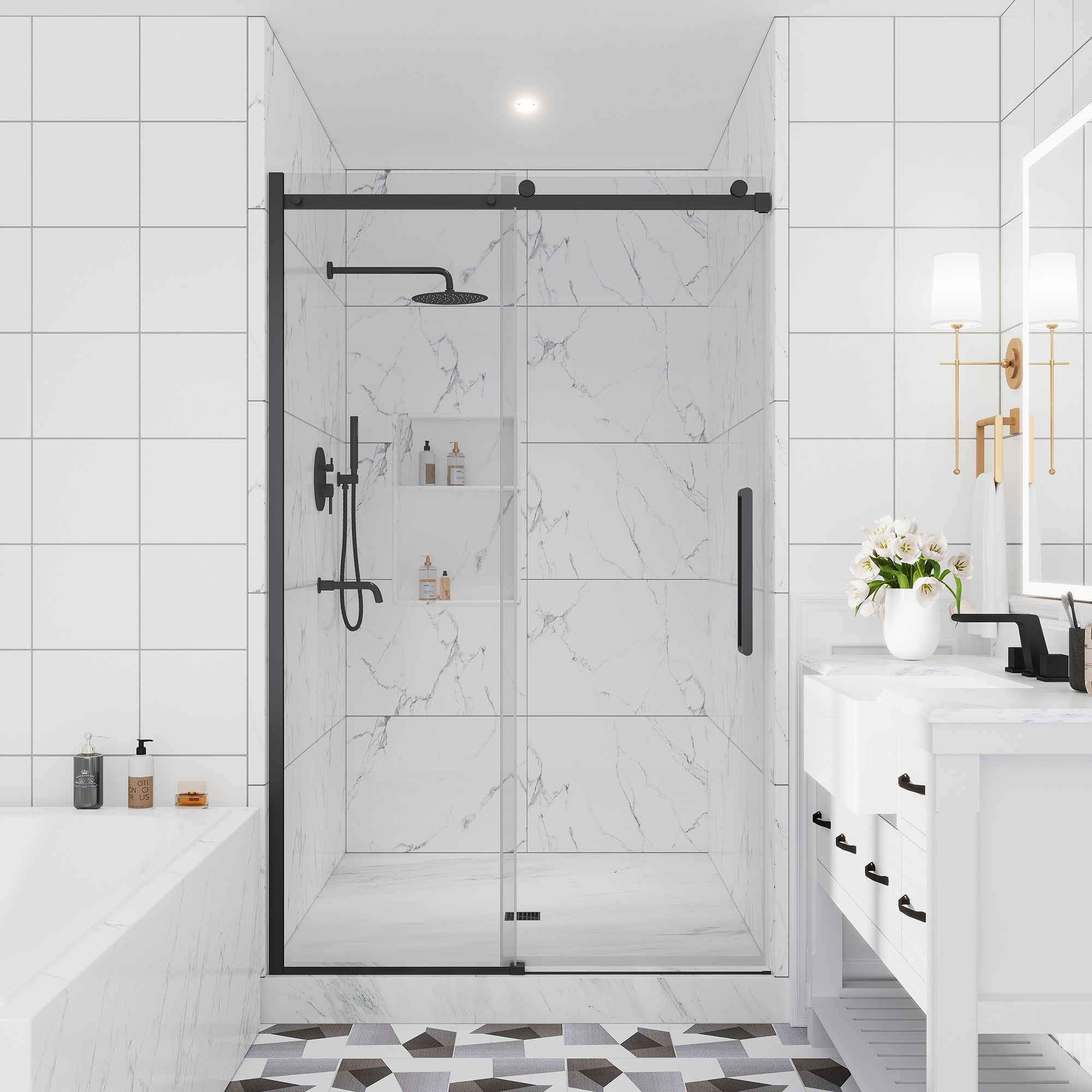 48"x76" Sleek Frameless Single Sliding Shower Door in Matte Black/Brushed Nickel/Chrome with Anti-jump Technology