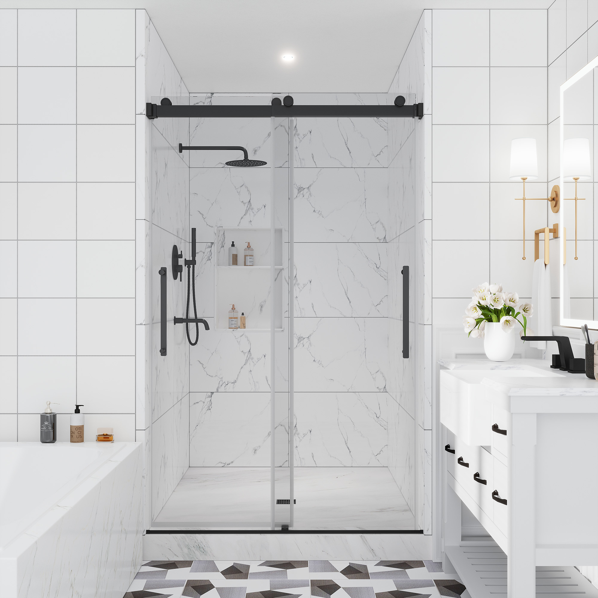 48"x76" Double Sliding Frameless Shower Door in Matte Black/Brushed Nickel/Chrome, Tempered Safety Glass and Reversible Installation