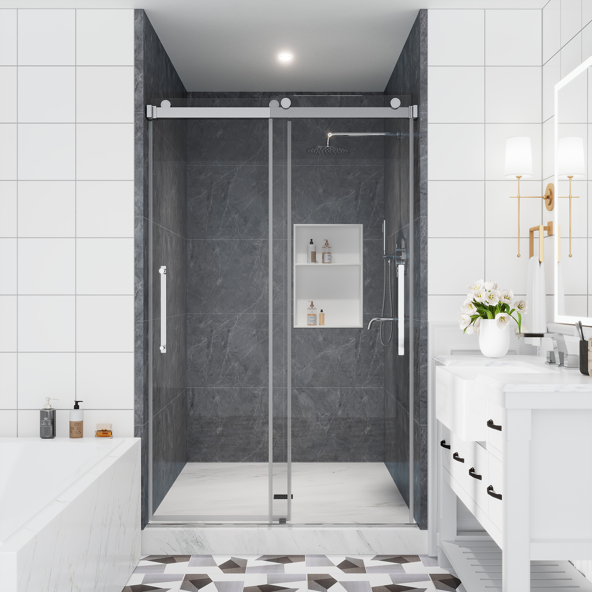 48"x76" Double Sliding Frameless Shower Door in Matte Black/Brushed Nickel/Chrome, Tempered Safety Glass and Reversible Installation
