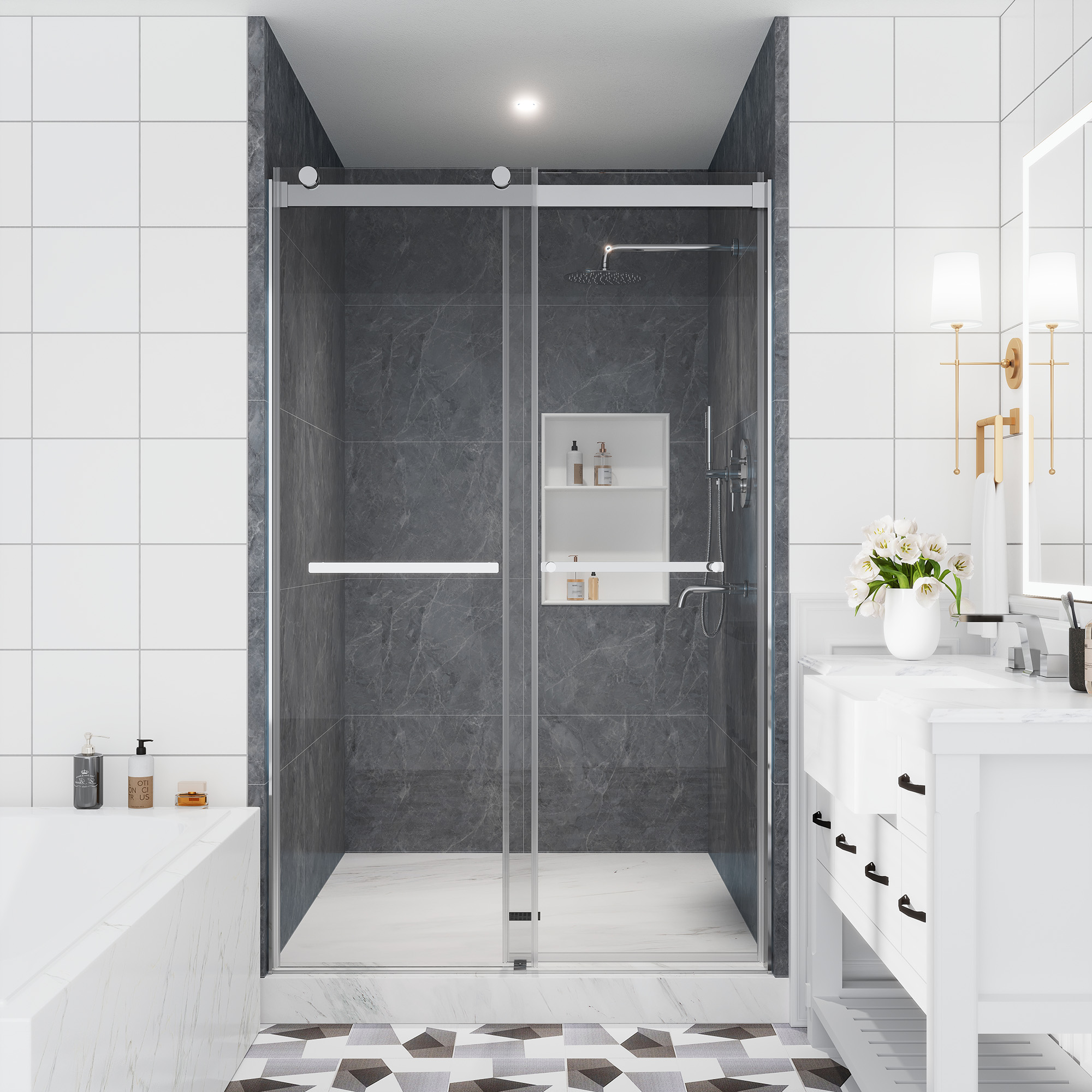 48"x76" Double Frameless Shower Door in Matte Black/Brushed Nickel/Chrome, Sliding Shower Enclosure with Rounded Corners Tempered Glass