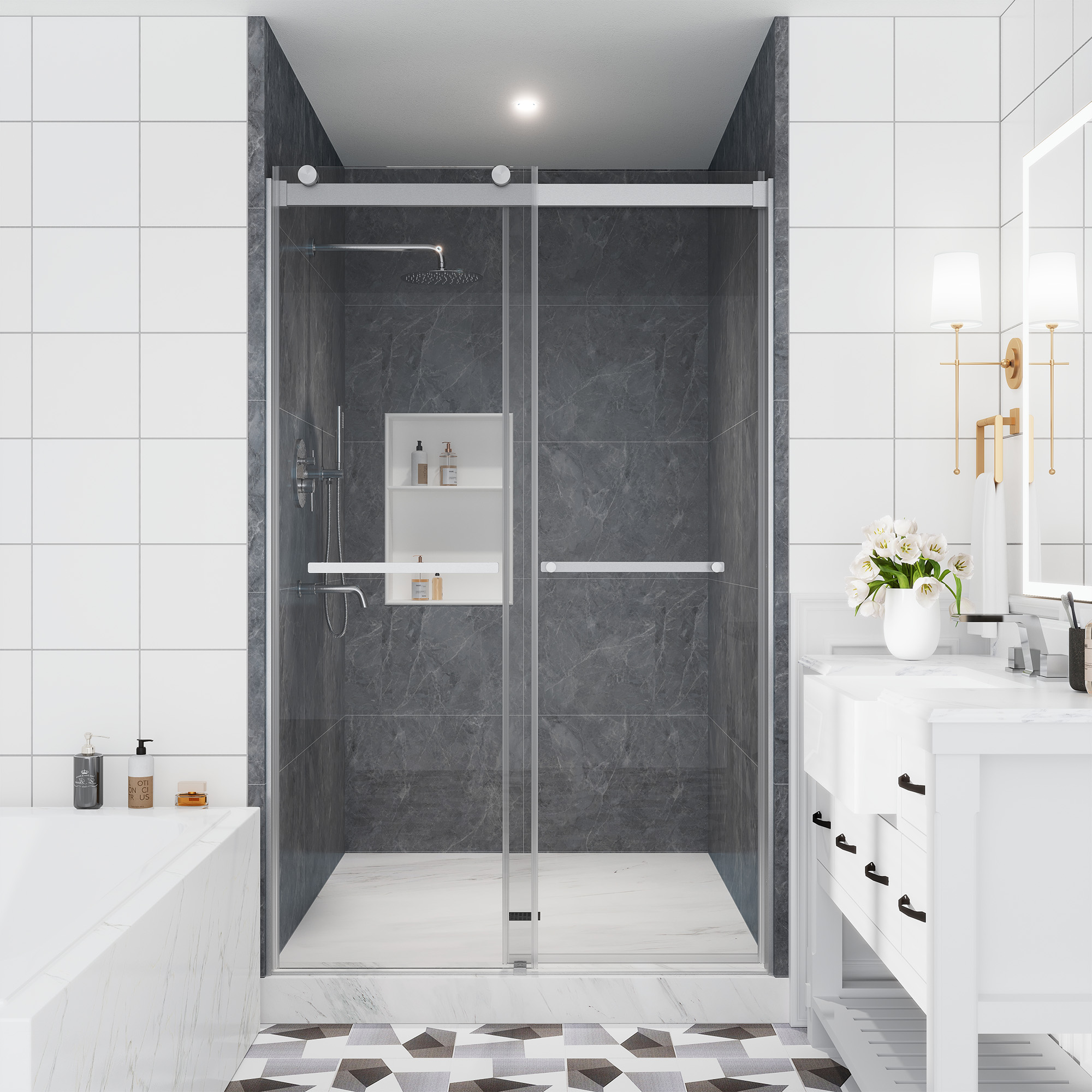 48"x76" Double Frameless Shower Door in Matte Black/Brushed Nickel/Chrome, Sliding Shower Enclosure with Rounded Corners Tempered Glass
