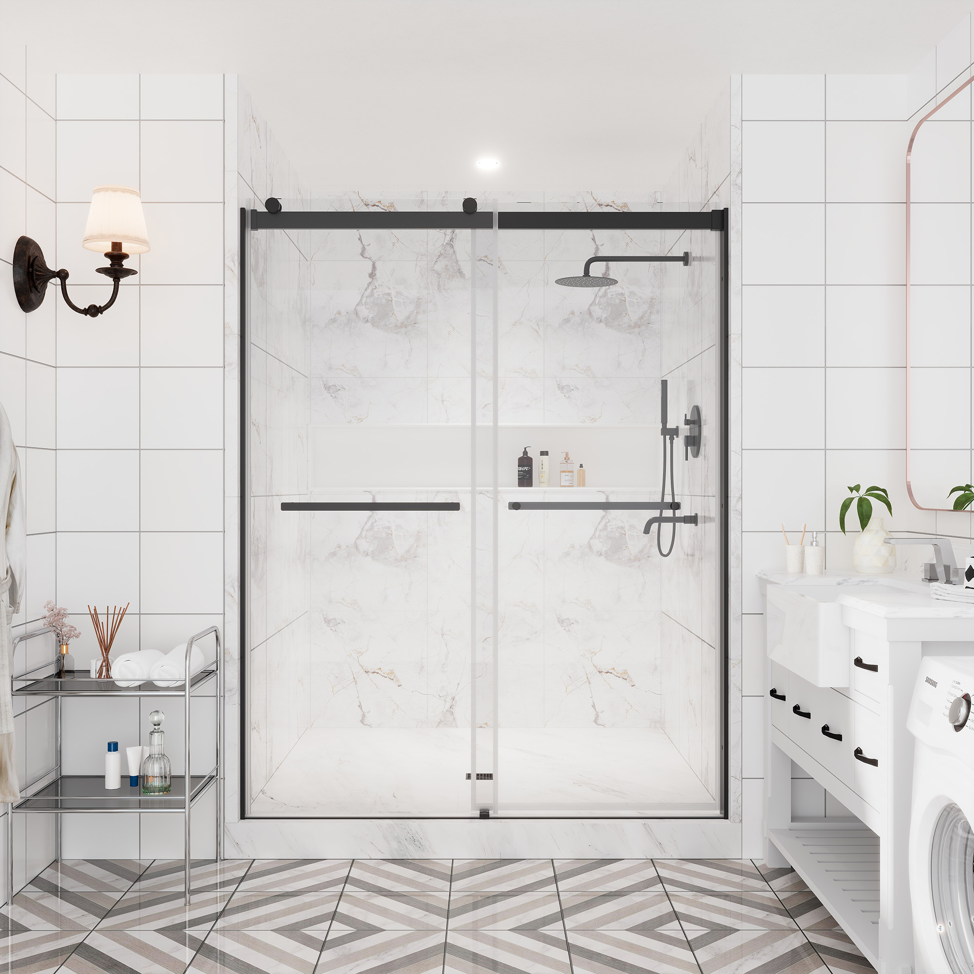 60"x76" Double Sliding Frameless Shower Door in Matte Black/Brushed Nickel/Chrome, 5/16" Thick Tempered Glass Shower Enclosure